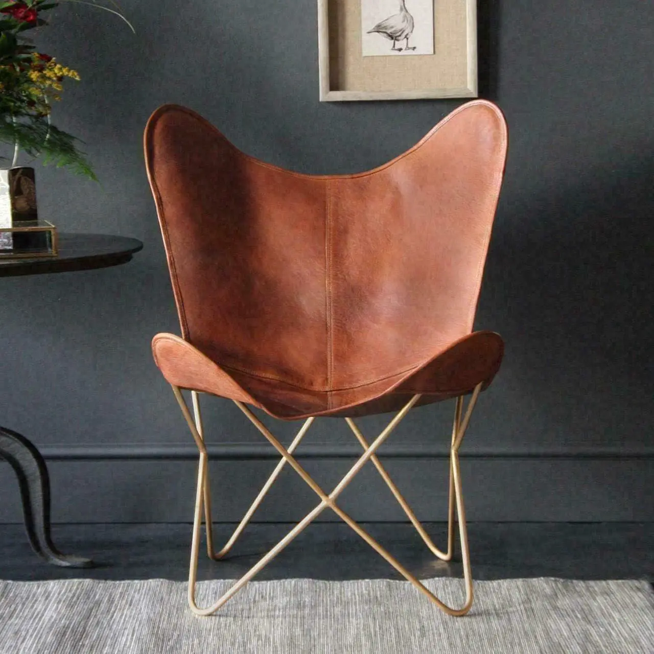 Alt view image 5 of 7 - Shy Shy Lets Touch The Sky Leather Living Room Chairs-Butterfly Chair Brown Leather Butterfly Chair-Handmade with Powder Coated Folding Iron Frame (Cover with Folding Frame) (Golden Frame)