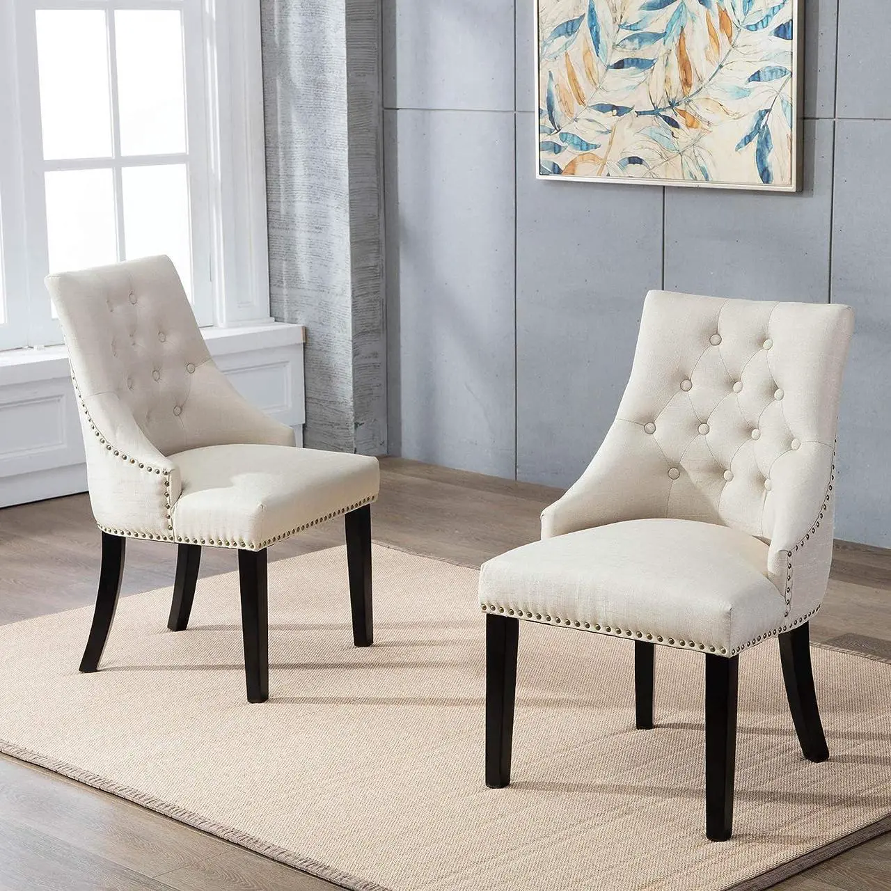 Main image of DAGONHIL Fabric Dining Chairs Set of 2 Tufted Dining Room Chairs Upholstered Kitchen Chairs, Accent Chairs with Black Solid Wood Legs, Nailed Trim (Beige), Welcome to consult