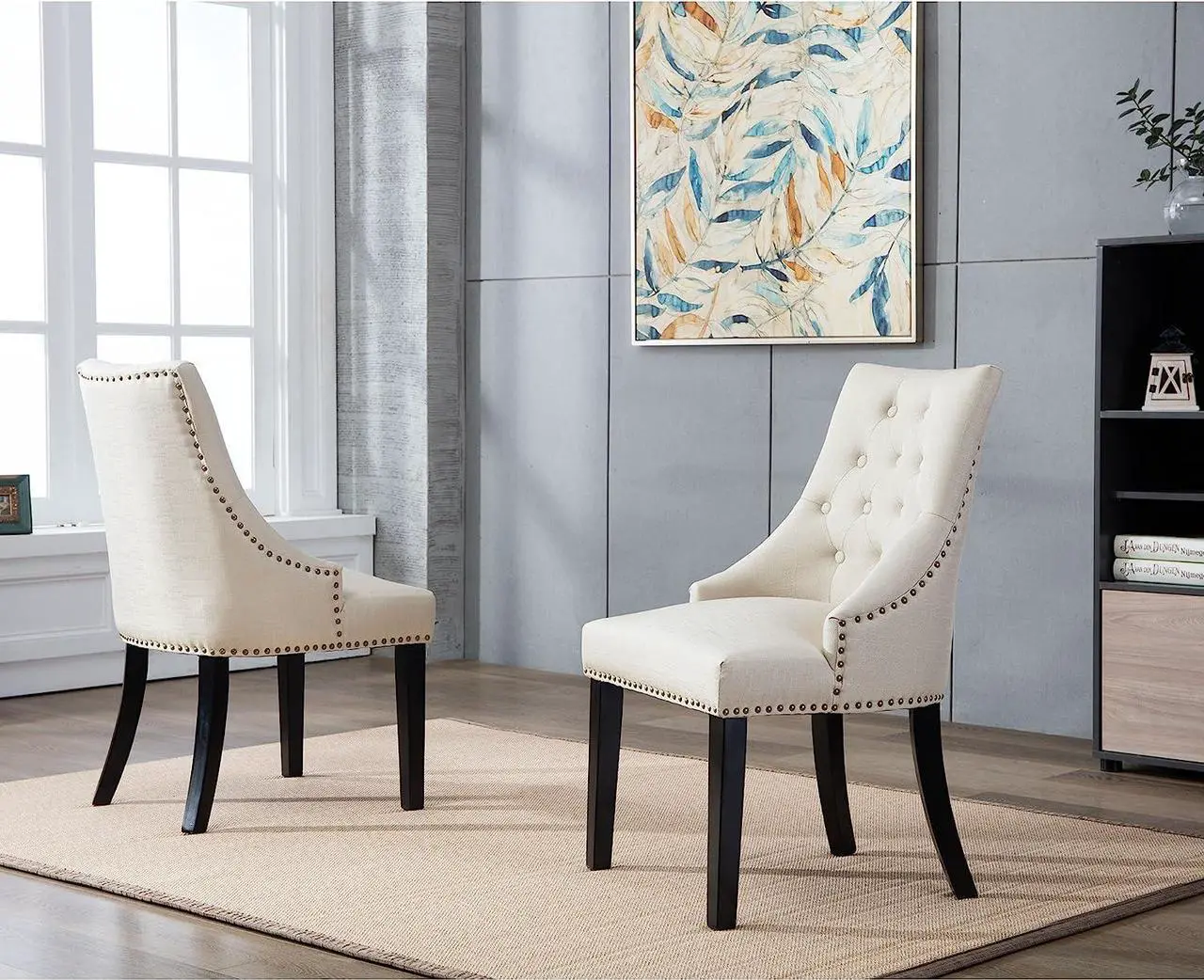 Alt view image 2 of 6 - DAGONHIL Fabric Dining Chairs Set of 2 Tufted Dining Room Chairs Upholstered Kitchen Chairs, Accent Chairs with Black Solid Wood Legs, Nailed Trim (Beige), Welcome to consult