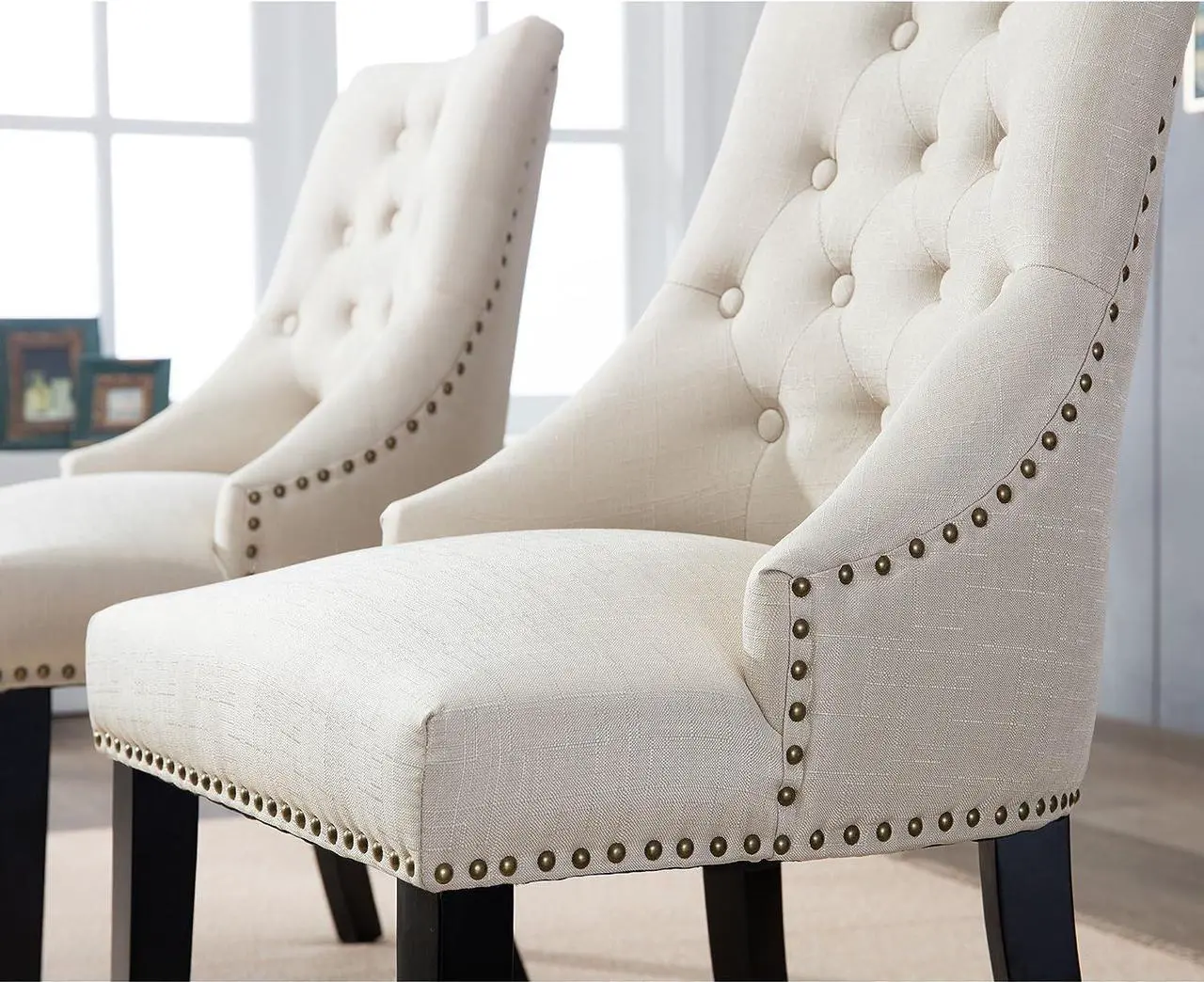 Alt view image 3 of 6 - DAGONHIL Fabric Dining Chairs Set of 2 Tufted Dining Room Chairs Upholstered Kitchen Chairs, Accent Chairs with Black Solid Wood Legs, Nailed Trim (Beige), Welcome to consult
