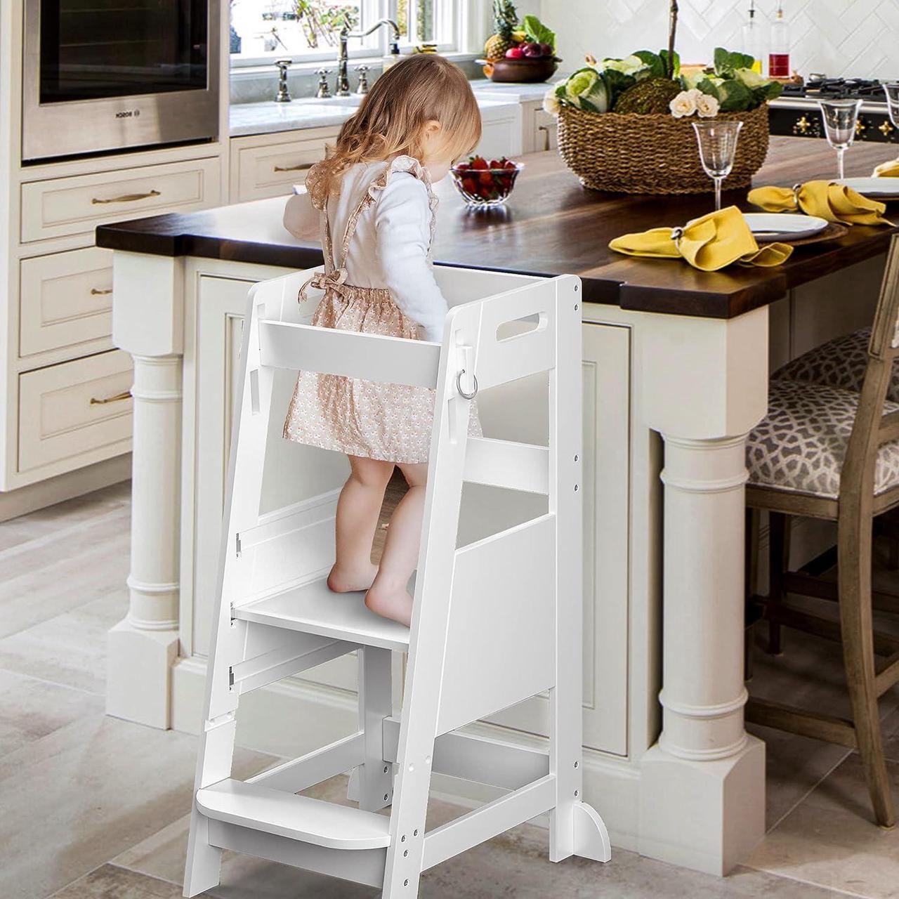 Main image of TOETOL Bamboo Toddler Kitchen Step Stool White Helper Standing Tower Height Adjustable with Anti-Slip Protection for Kids Kitchen Counter Learning, Welcome to consult