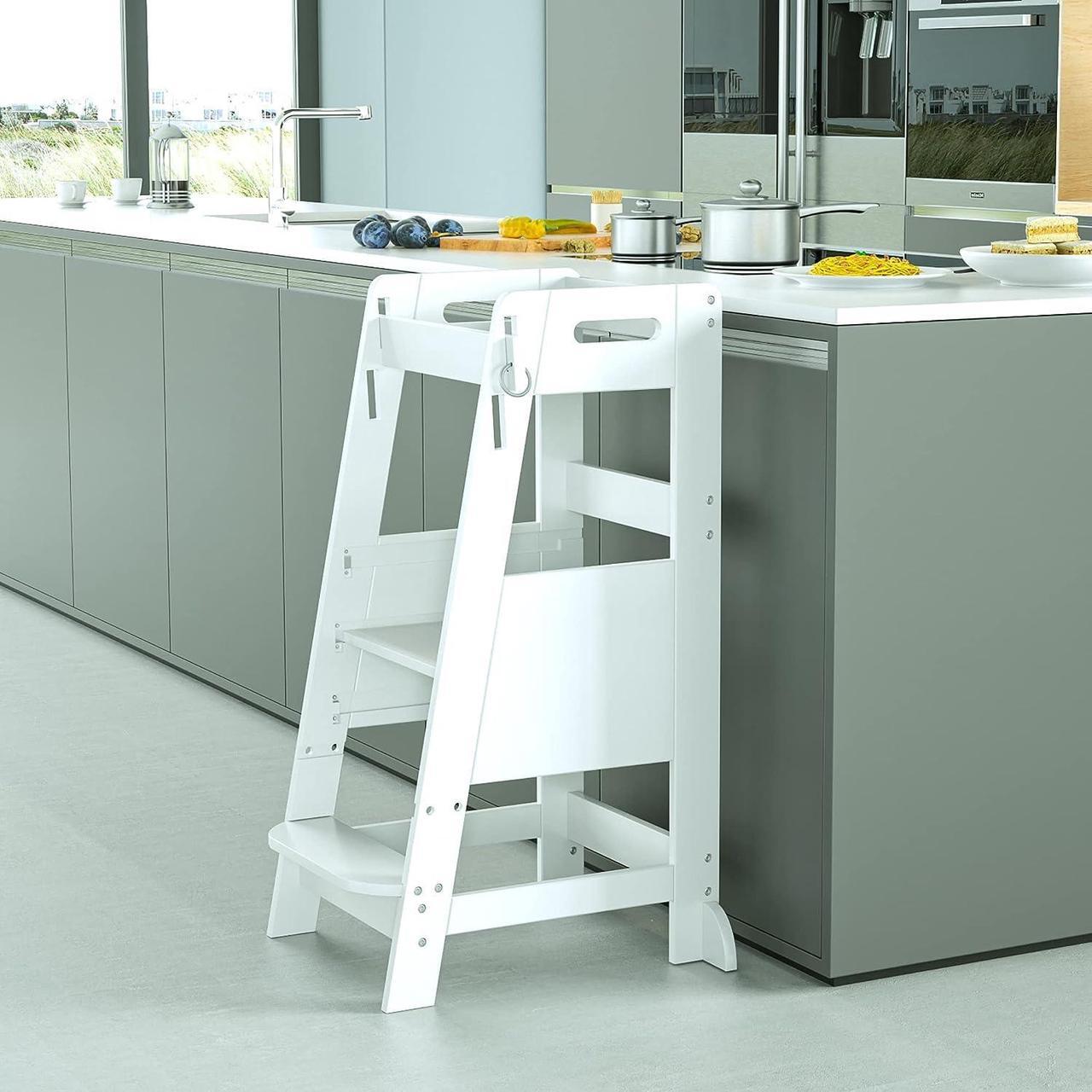 Alt view image 6 of 7 - TOETOL Bamboo Toddler Kitchen Step Stool White Helper Standing Tower Height Adjustable with Anti-Slip Protection for Kids Kitchen Counter Learning, Welcome to consult