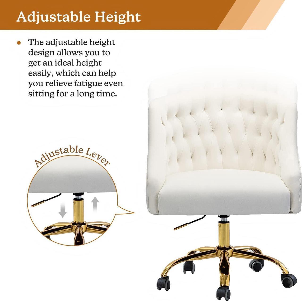 Alt view image 3 of 6 - Velvet Home Office Chair with Gold Base, Comfortable Modern Cute Desk Chair, Adjustable Swivel Task Chair for Living Room Bedroom Vanity Study, Ivory, Welcome to consult