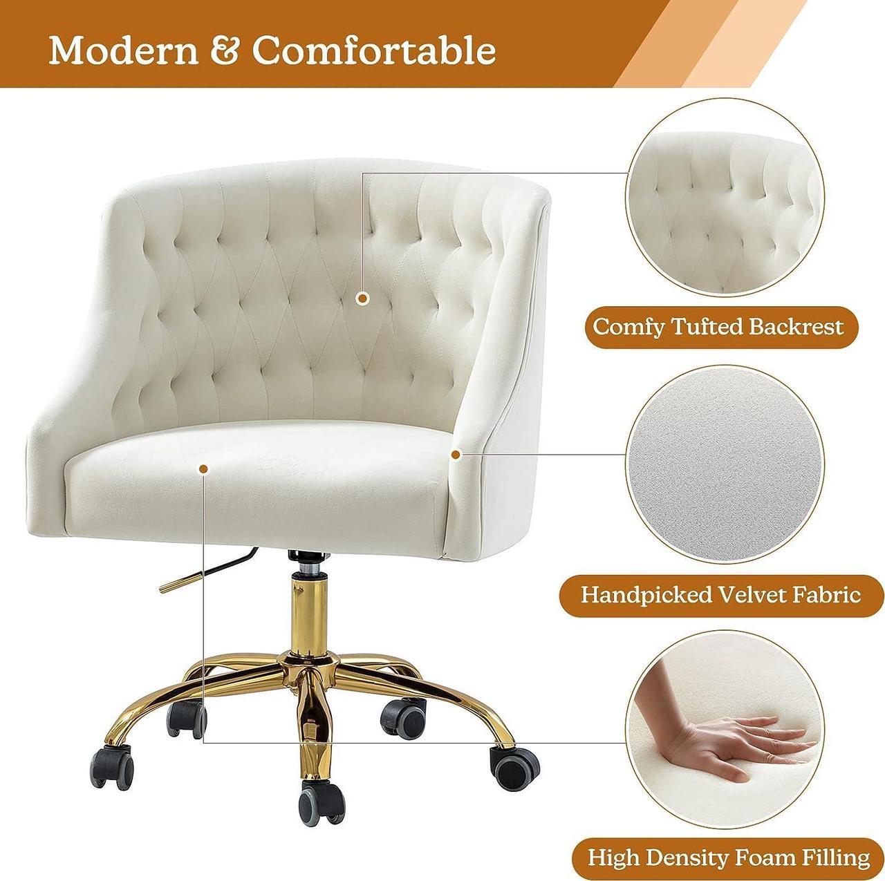 Alt view image 5 of 6 - Velvet Home Office Chair with Gold Base, Comfortable Modern Cute Desk Chair, Adjustable Swivel Task Chair for Living Room Bedroom Vanity Study, Ivory, Welcome to consult