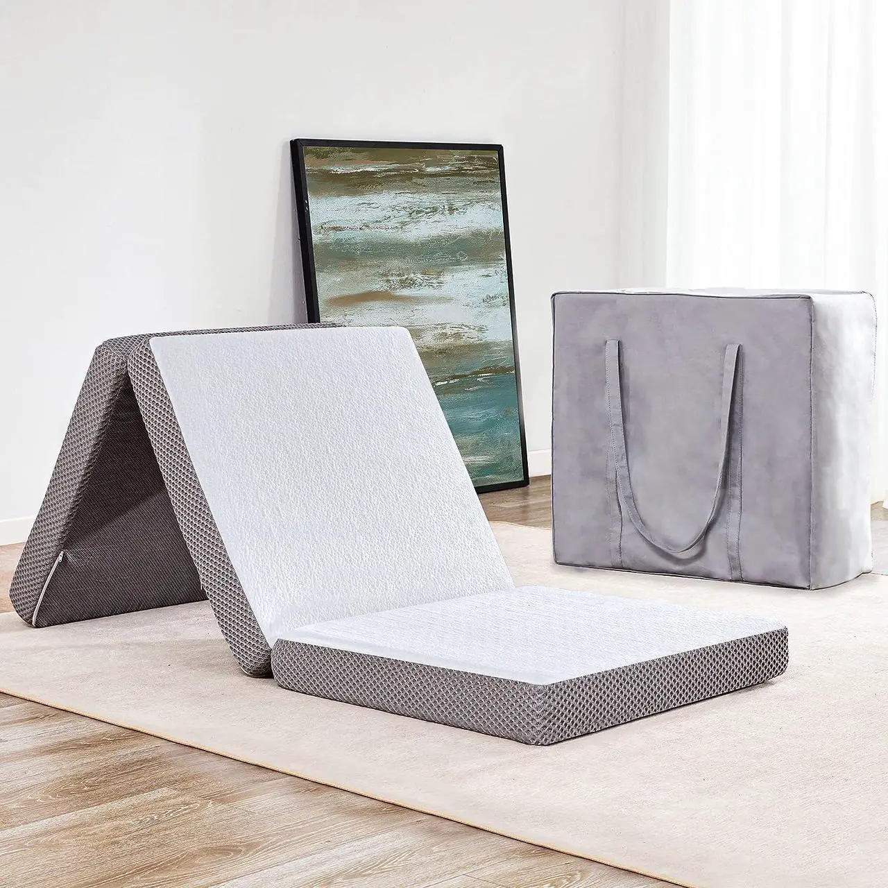 Main image of Kingfun Folding Mattress, 3 inch Tri-fold Memory Foam Mattress Topper with Washable Cover,Folding Mattress CertiPUR-US Certified, Play Mat, Foldable Bed, Guest beds, Camp Portable BedSingle