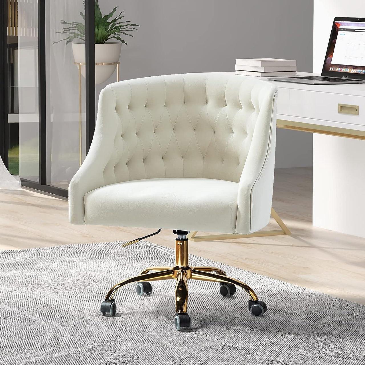 Main image of Velvet Home Office Chair with Gold Base, Comfortable Modern Cute Desk Chair, Adjustable Swivel Task Chair for Living Room Bedroom Vanity Study, Ivory, Welcome to consult