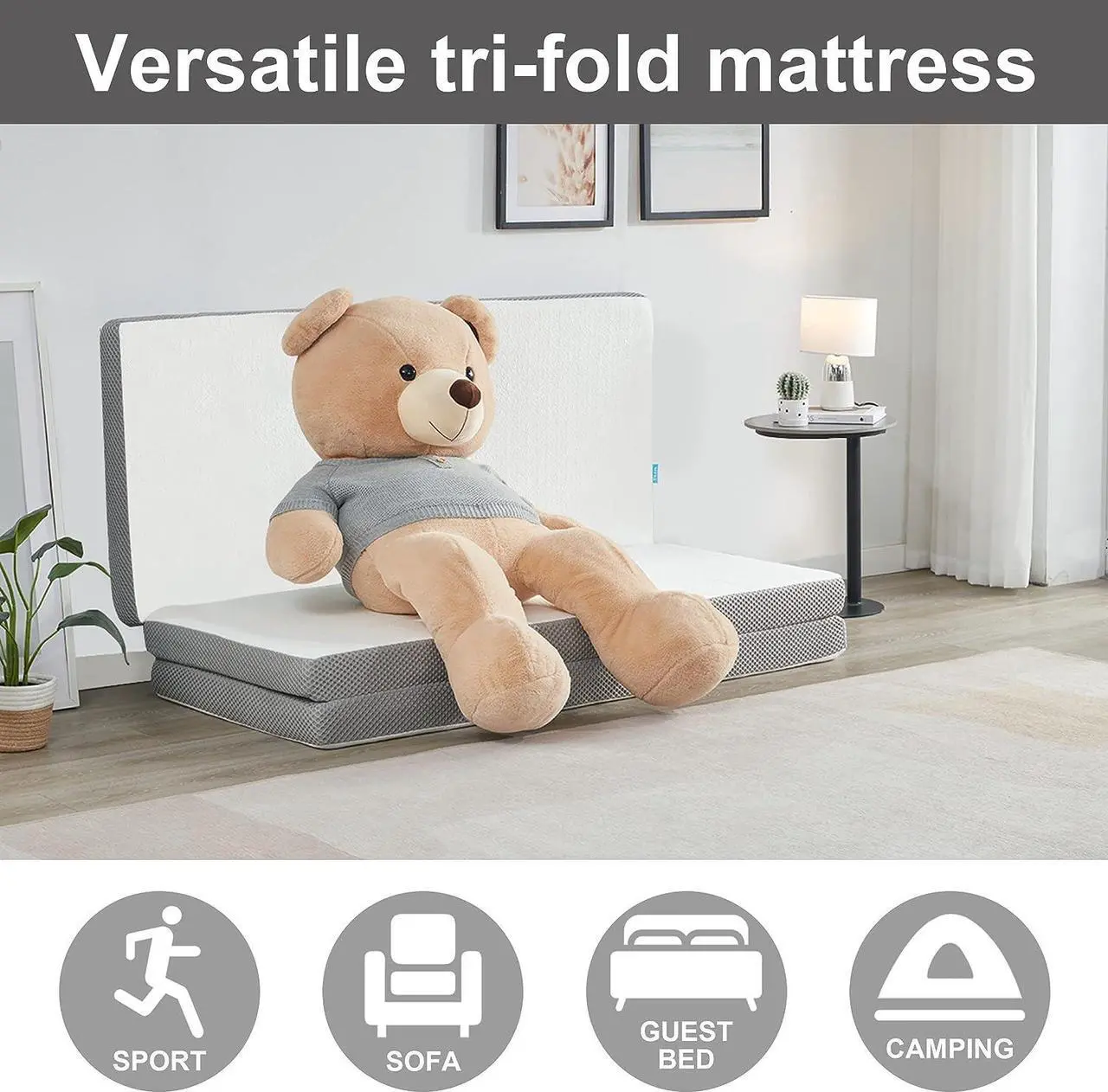 Alt view image 7 of 7 - Kingfun Folding Mattress, 3 inch Tri-fold Memory Foam Mattress Topper with Washable Cover,Folding Mattress CertiPUR-US Certified, Play Mat, Foldable Bed, Guest beds, Camp Portable BedSingle