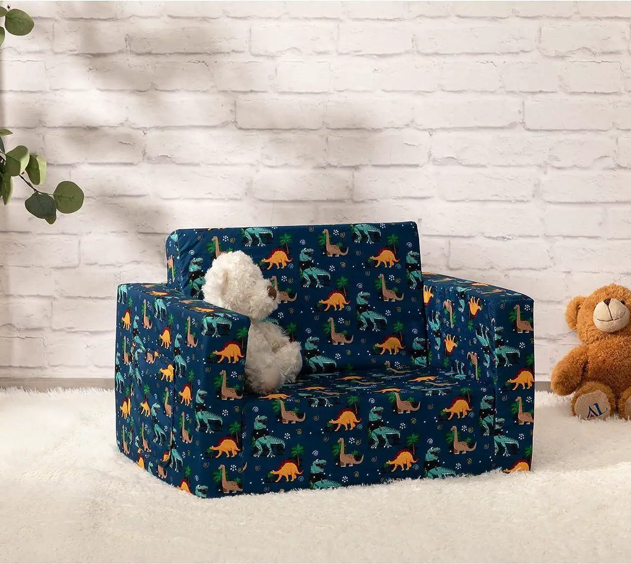 Alt view image 2 of 7 - ALIMORDEN 2-in-1 Flip Out Comfy Toddler Couch, Lovely Kids Chair Convertible Sofa to Lounger for Story/Nap Time, Cool Dinosaurs