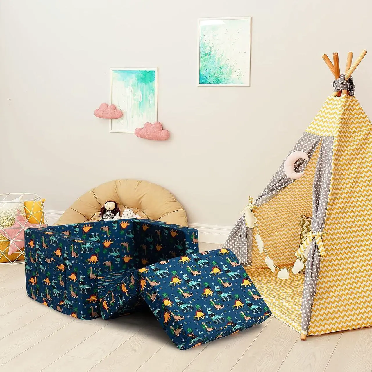 Alt view image 6 of 7 - ALIMORDEN 2-in-1 Flip Out Comfy Toddler Couch, Lovely Kids Chair Convertible Sofa to Lounger for Story/Nap Time, Cool Dinosaurs
