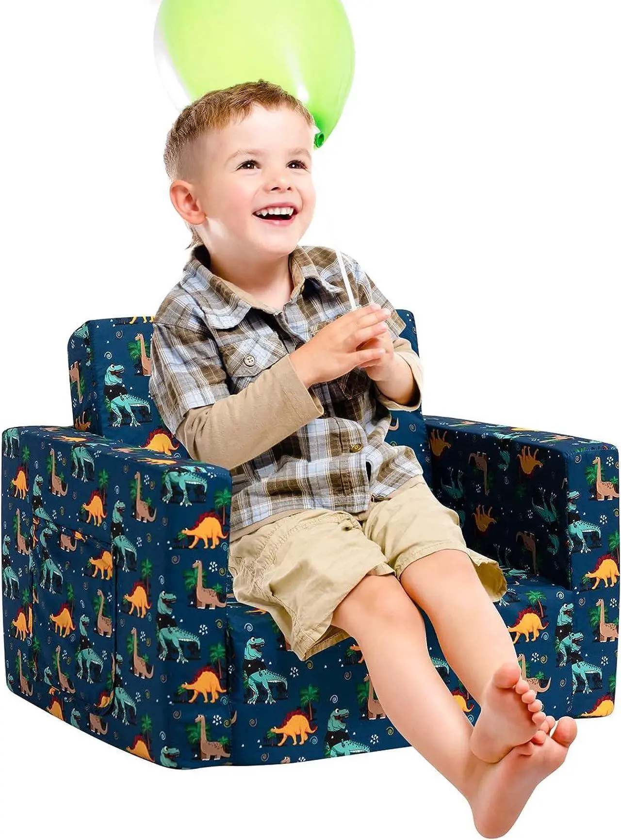 Alt view image 4 of 7 - ALIMORDEN 2-in-1 Flip Out Comfy Toddler Couch, Lovely Kids Chair Convertible Sofa to Lounger for Story/Nap Time, Cool Dinosaurs