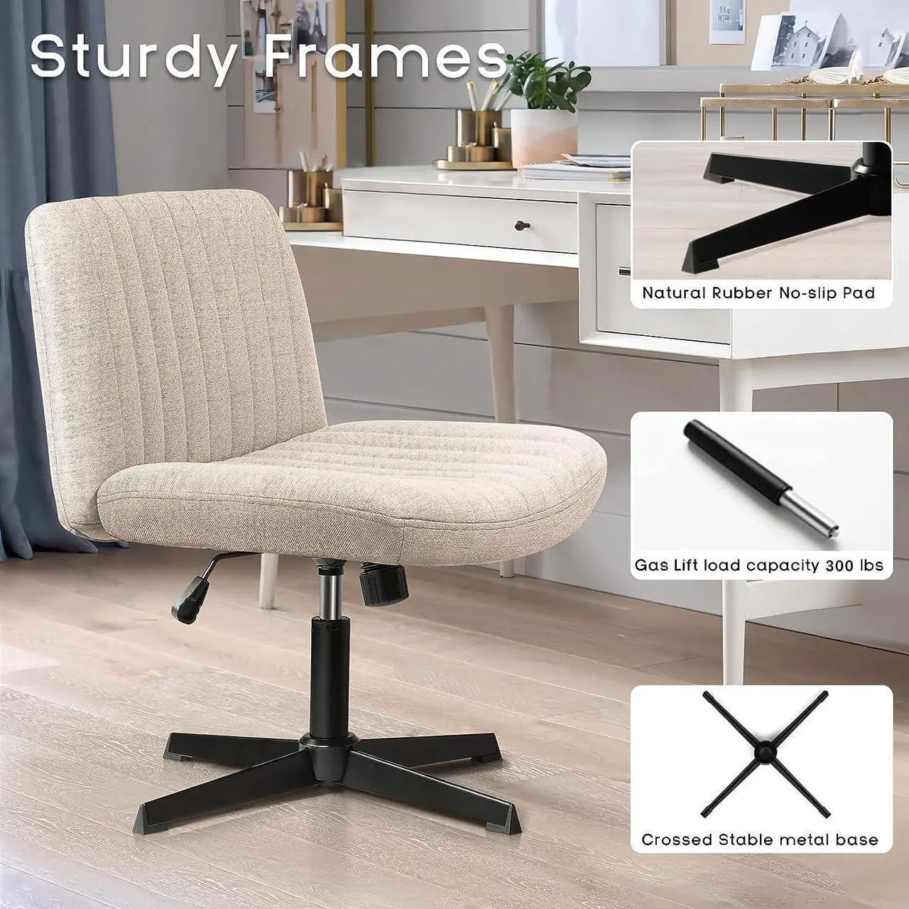 Alt view image 4 of 7 - PUKAMI Criss Cross Chair,Comfy Cross Legged Office Desk Chair No Wheels,Fabric Modern Swivel Height Adjustable Mid Back Wide Seat Computer Cute Makeup Task Vanity Chair for Home Office(Beige)