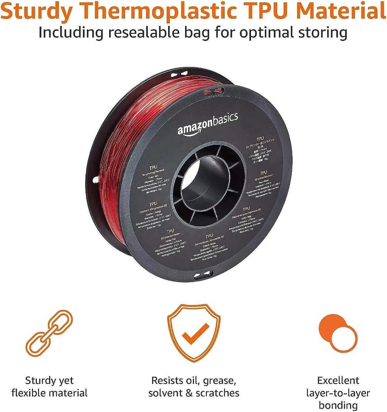 Alt view image 3 of 7 - Basics TPU 3D Printer Filament, 1.75mm, Red, 1 kg Spool (2.2 lbs), Welcome to consult