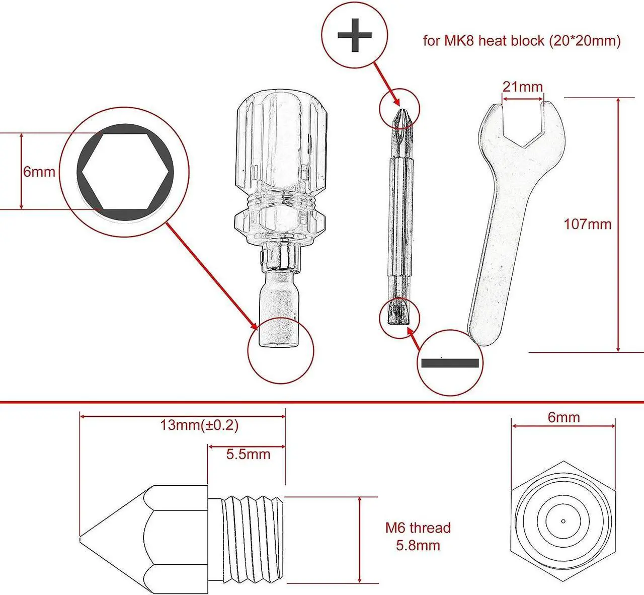 Alt view image 5 of 6 - BIAOBIAO 3D Printer MK8 Nozzles CR-10 Nozzle + 4 DIY Tools for 3D Printer Nozzle Change Replacement, Welcome to consult