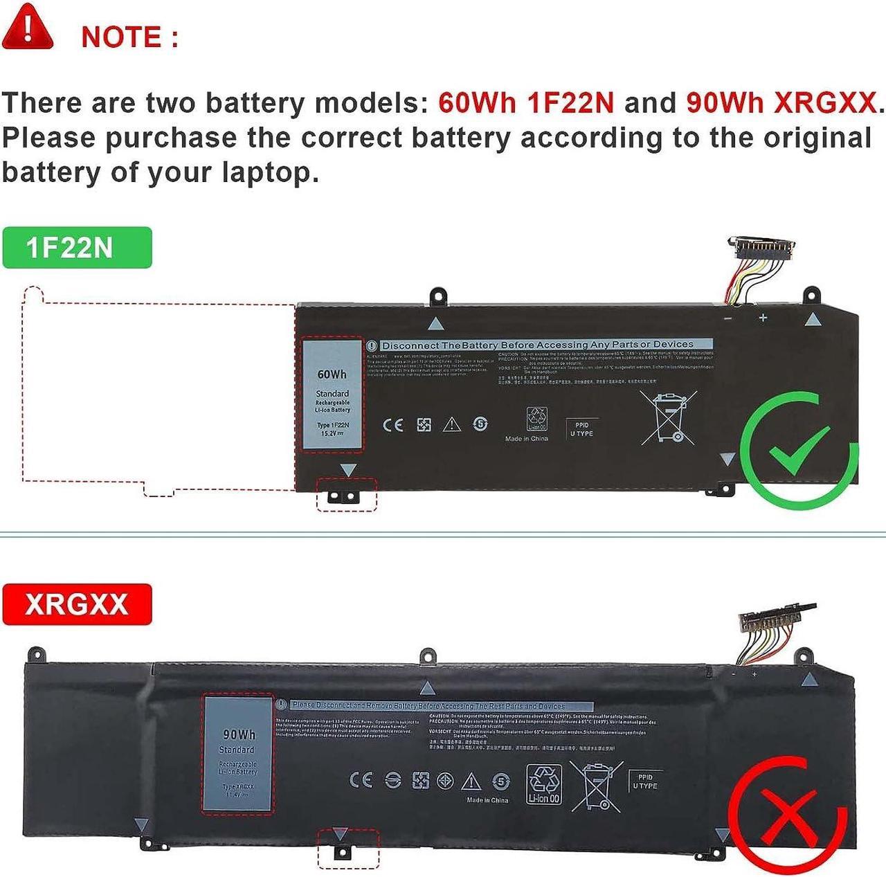 Alt view image 2 of 6 - 1F22N 15.2V 60Wh New Laptop Battery Replacement for Dell Alienware M15 M17 R1 G7 7590 7790 G5 5590-D2783W D2743B D2865B D2863W D2842W D2843W Series 0HYWXJ HYWXJ 0JJPFK JJPFK
