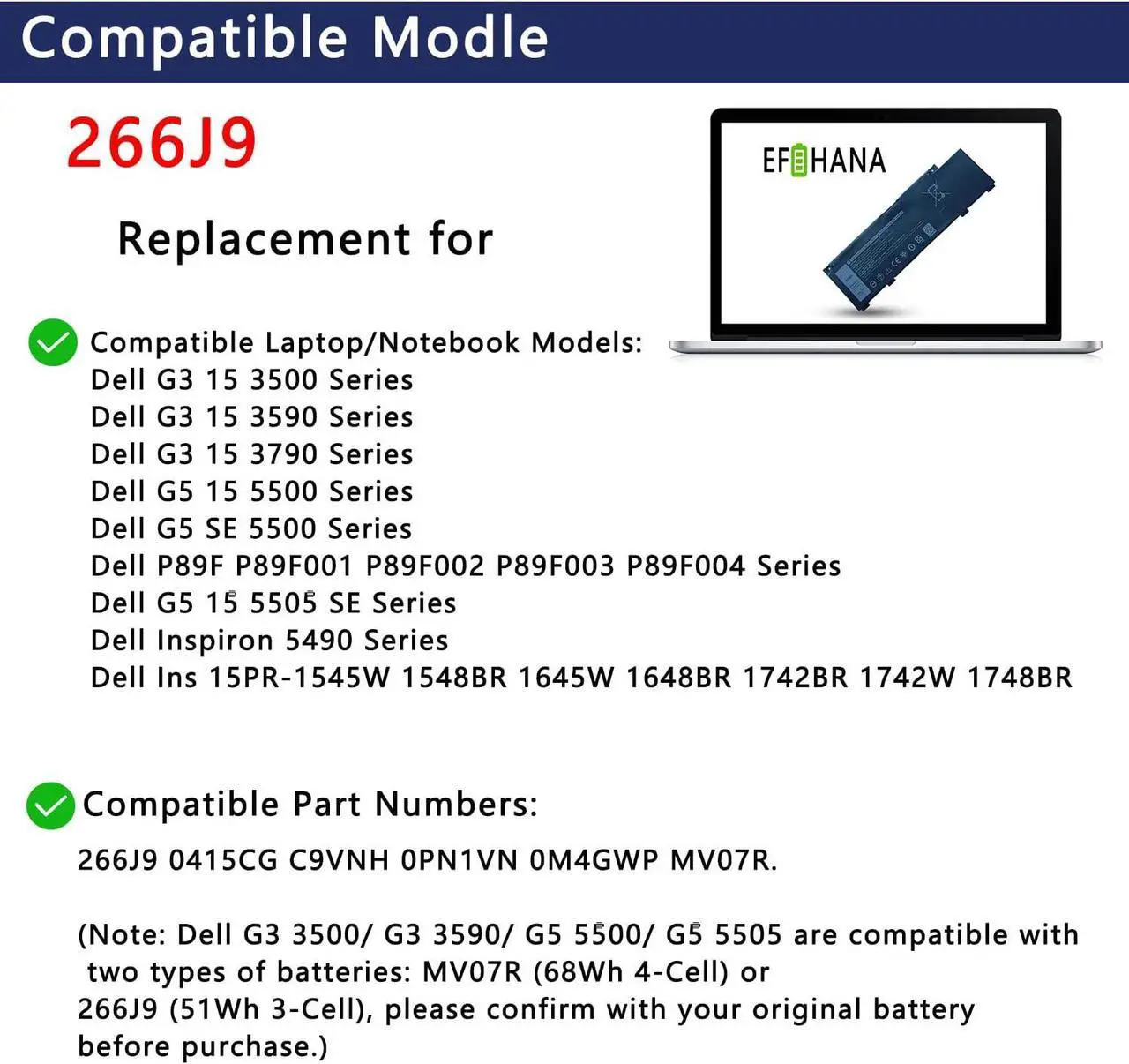 Alt view image 5 of 5 - 266J9 Laptop Battery Replacement for Dell G3 15 3500 3590 3790 G5 15 5500 SE 5505 P89F Inspiron 5490 INS 15PR-1545W 1548BR 1645W 1742BR 1742W Series 0415CG C9VNH 0PN1VN 0M4GWP 11.4V 51Wh 4255mAh 3Cell