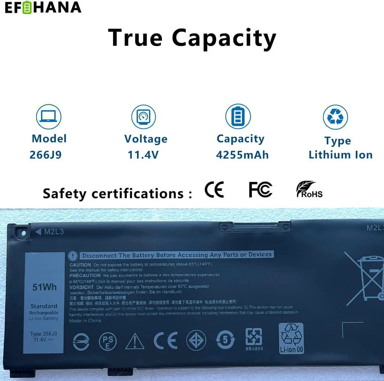 Alt view image 2 of 5 - 266J9 Laptop Battery Replacement for Dell G3 15 3500 3590 3790 G5 15 5500 SE 5505 P89F Inspiron 5490 INS 15PR-1545W 1548BR 1645W 1742BR 1742W Series 0415CG C9VNH 0PN1VN 0M4GWP 11.4V 51Wh 4255mAh 3Cell