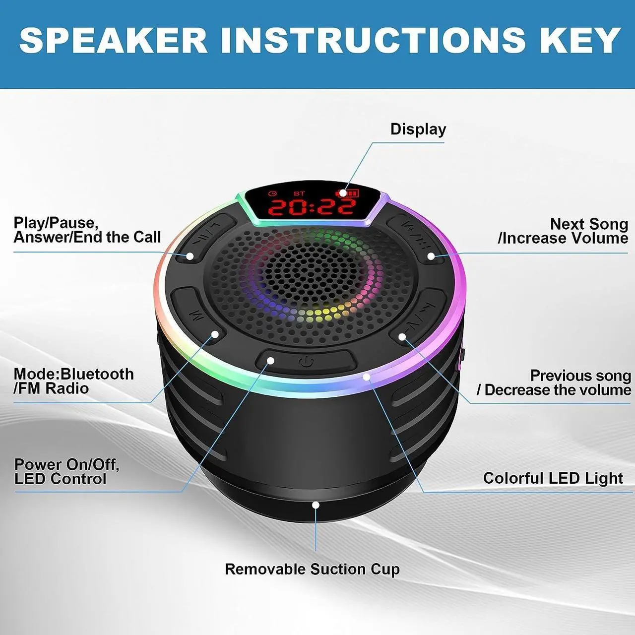 Alt view image 6 of 7 - BassPal Bluetooth Speakers, IPX7 Waterproof Shower Speaker, Portable Speaker with LED Display, FM Radio, Suction Cup, Light Show, Built-in Mic, Best Gifts for Pool Beach Home Party Travel Outdoors