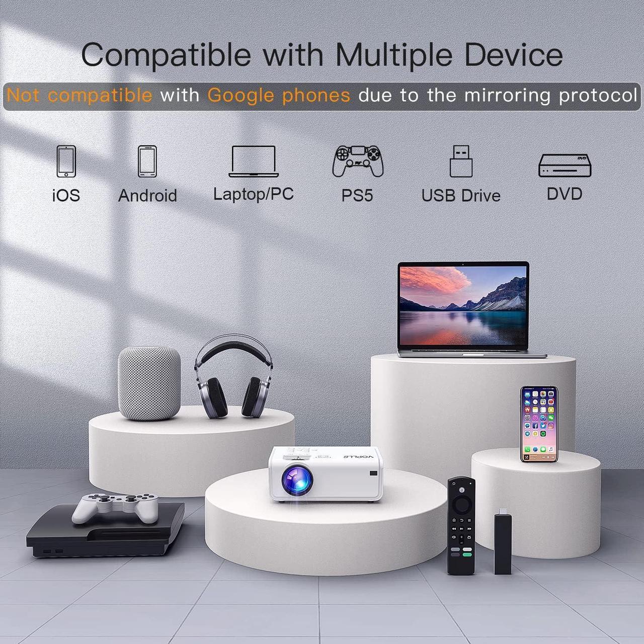 Alt view image 7 of 7 - Projector with WiFi and Bluetooth, 2023 Upgraded VOPLLS 5G Native 1080P Projector, 450 ANSI Outdoor Projector 4K Support, ±50°/4P/4D Keystone, 50% Zoom, Compatible with TV Box/USB/PC/iOS/Android Phone