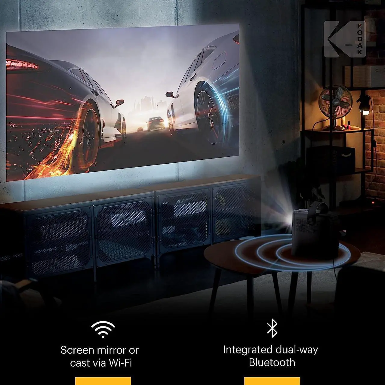 Alt view image 4 of 6 - KODAK FLIK HD9 Smart Projector | Mini White Portable Indoor & Outdoor Movie with Android TV Streaming Apps, Wi-Fi and Bluetooth, Built-In Speakers & Voice Remote | FHD 1080p for Screens Up to 120