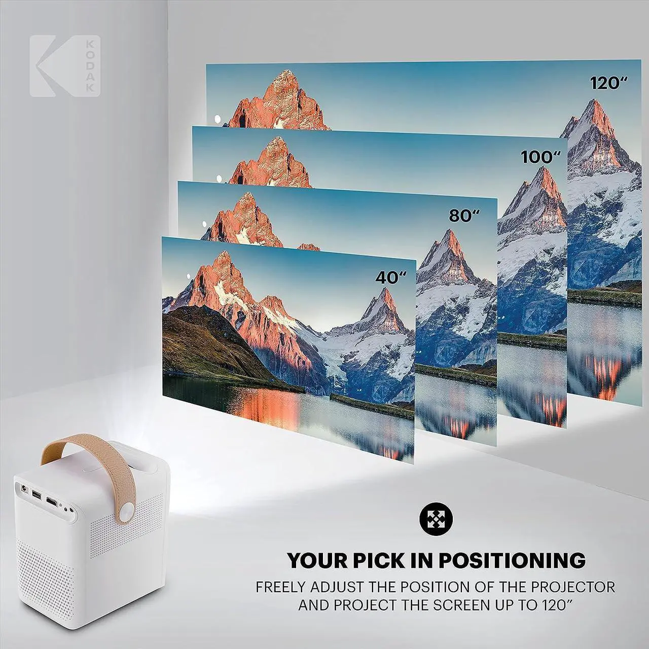 Alt view image 6 of 6 - KODAK FLIK HD9 Smart Projector | Mini White Portable Indoor & Outdoor Movie with Android TV Streaming Apps, Wi-Fi and Bluetooth, Built-In Speakers & Voice Remote | FHD 1080p for Screens Up to 120