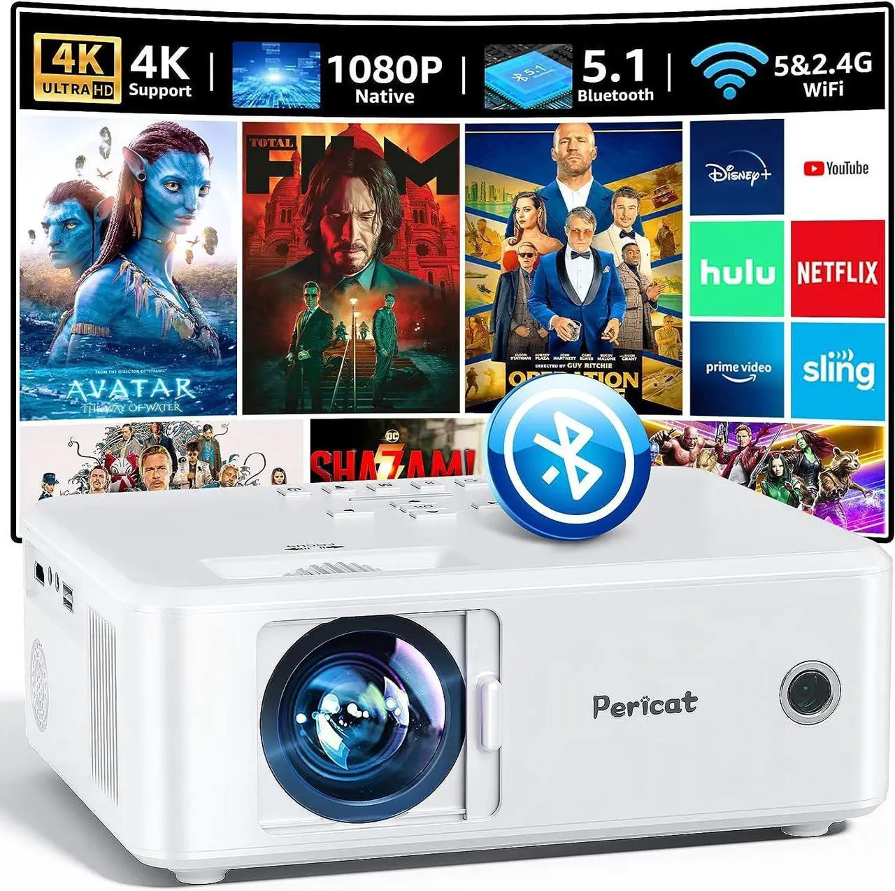 Main image of Projector with WiFi and Bluetooth, 5G WiFi Native 1080P Movie Projector, 9800L 4K Supported Portable Outdoor Projector, Pericat Home Theater Projector Compatible with TV Stick, Phone, Laptop