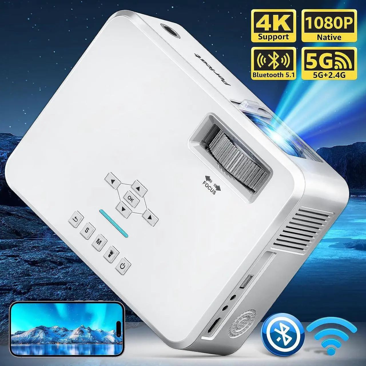 Alt view image 2 of 7 - Projector with WiFi and Bluetooth, 5G WiFi Native 1080P Movie Projector, 9800L 4K Supported Portable Outdoor Projector, Pericat Home Theater Projector Compatible with TV Stick, Phone, Laptop