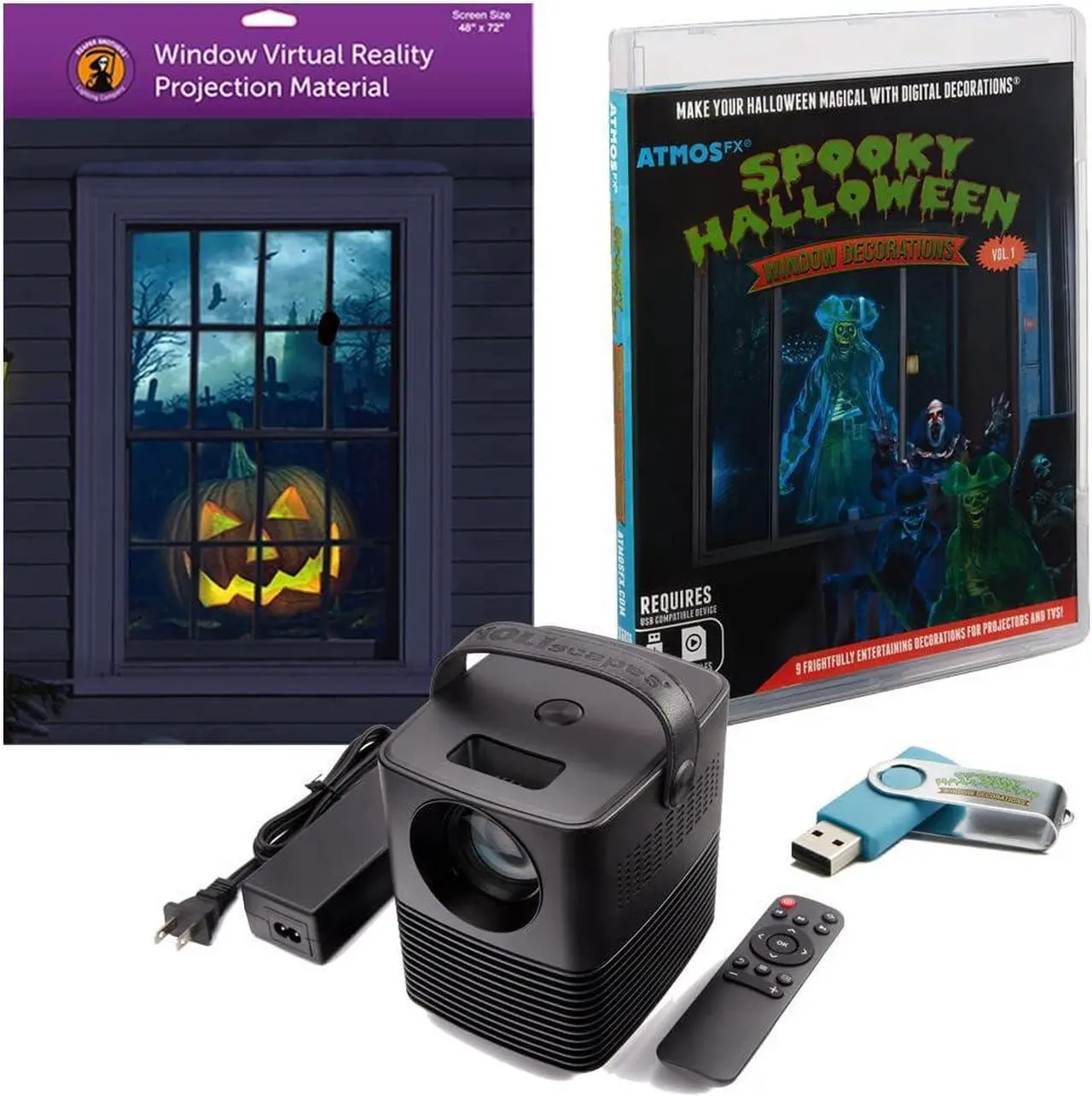 Main image of Reaper Brothers Spooky Halloween Digital Decoration Kit Includes 9 AtmosFX Video Effects for Halloween Plus HD Super Bright Projector and 48 x 72 Holographic Projection Screen, Welcome to consult