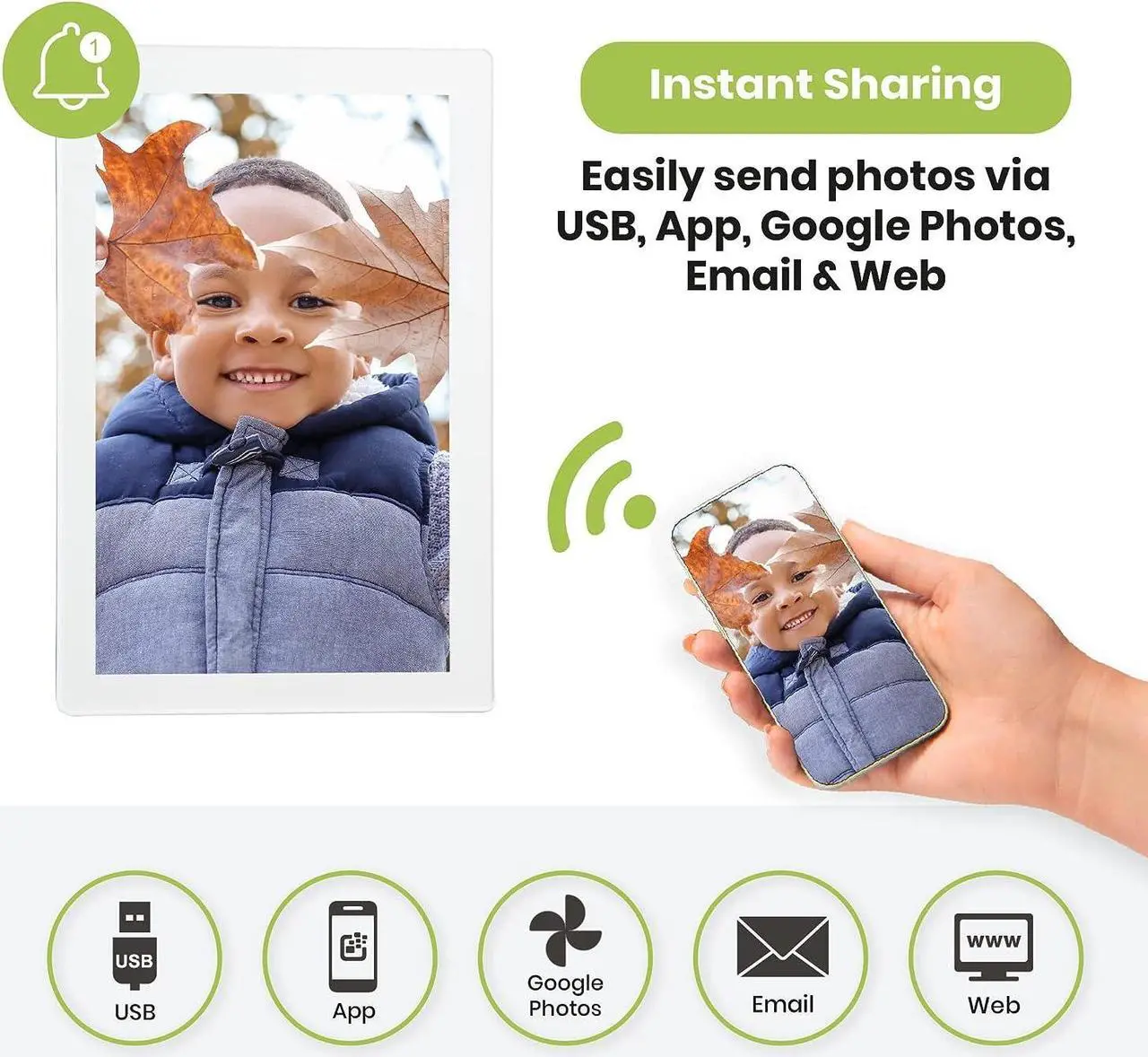 Alt view image 3 of 7 - PhotoSpring 10in WiFi Digital Picture Frame, Email Family Photos to The Frame, or by App, Web. Easy Touchscreen Setup, 1280x800 Display, Plays Videos, White, Welcome to consult