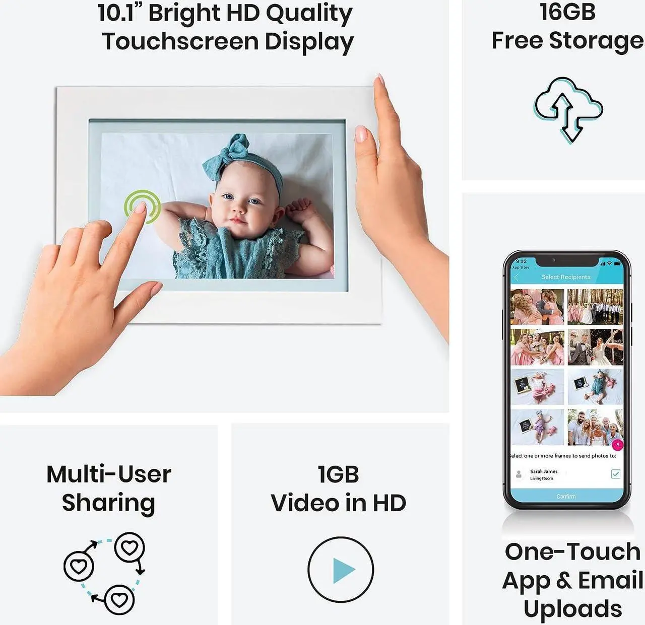 Alt view image 5 of 7 - PhotoSpring 10in WiFi Digital Picture Frame, Email Family Photos to The Frame, or by App, Web. Easy Touchscreen Setup, 1280x800 Display, Plays Videos, White, Welcome to consult