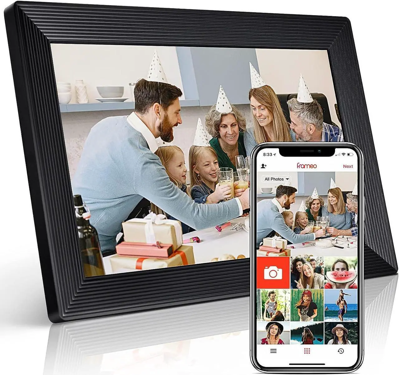 Main image of FRAMEO 10.1 inch WiFi Digital Photo Frame 1280x800 HD IPS Touch Screen, Digital Picture Frame with 32GB Internal Memory, Auto-Rotate, via Frameo App from Anywhere, Black, Welcome to consult