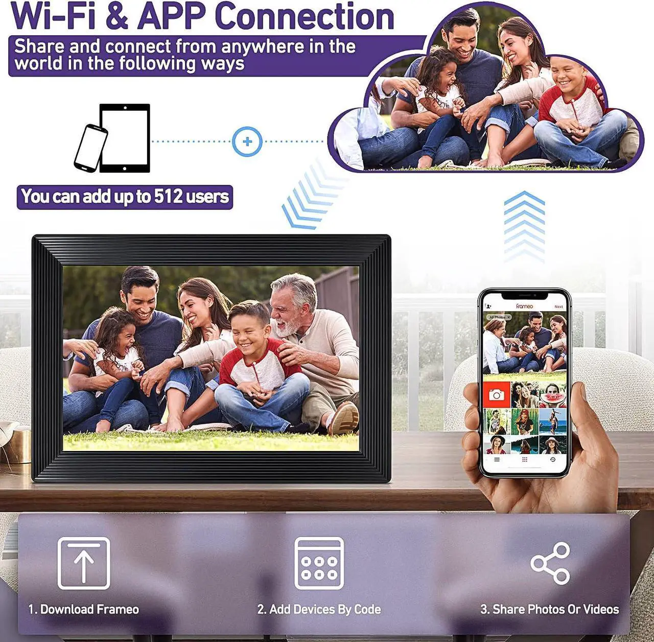 Alt view image 4 of 7 - FRAMEO 10.1 inch WiFi Digital Photo Frame 1280x800 HD IPS Touch Screen, Digital Picture Frame with 32GB Internal Memory, Auto-Rotate, via Frameo App from Anywhere, Black, Welcome to consult