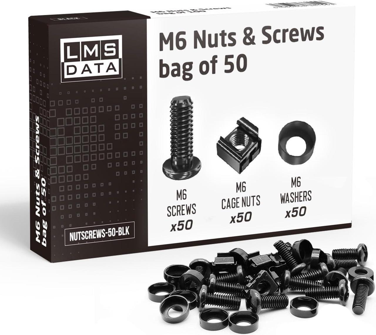 Main image of LMS Data M6 Cage Nuts and Screws - Panel Rack Mount Equipment for Rack Mount Server 19x10 inch Cabinet, Patch Panel, Server Shelves Fixing and Installation - Black 50-Pack Rack Screws and Cage Nuts
