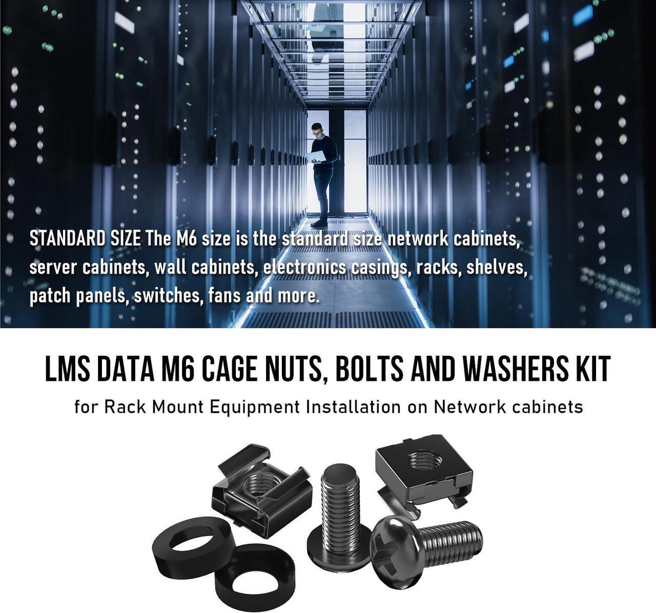 Alt view image 7 of 7 - LMS Data M6 Cage Nuts and Screws - Panel Rack Mount Equipment for Rack Mount Server 19x10 inch Cabinet, Patch Panel, Server Shelves Fixing and Installation - Black 50-Pack Rack Screws and Cage Nuts