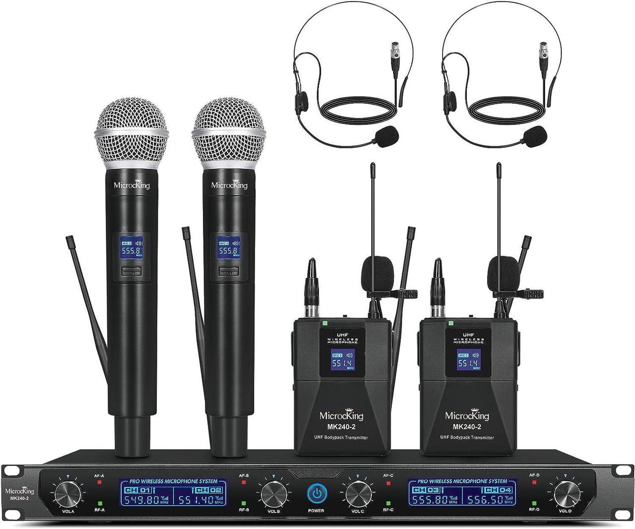 Main image of MicrocKing Wireless Microphone System, UHF Cordless Mic Set with 2 Handheld Mics/2 Lavalier Bodypacks, Metal Build, Fixed Frequency, Long Range, Ideal for Karaoke/Party/Wedding/Concert