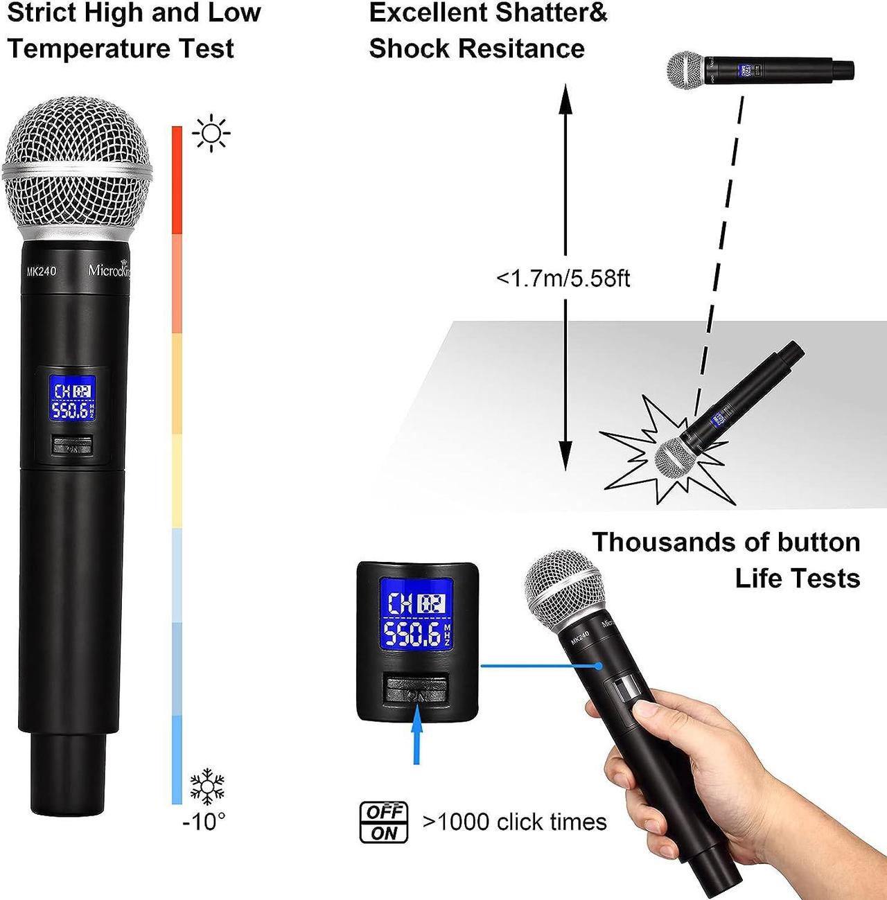 Alt view image 3 of 6 - MicrocKing Wireless Microphone System, UHF Cordless Mic Set with 2 Handheld Mics/2 Lavalier Bodypacks, Metal Build, Fixed Frequency, Long Range, Ideal for Karaoke/Party/Wedding/Concert