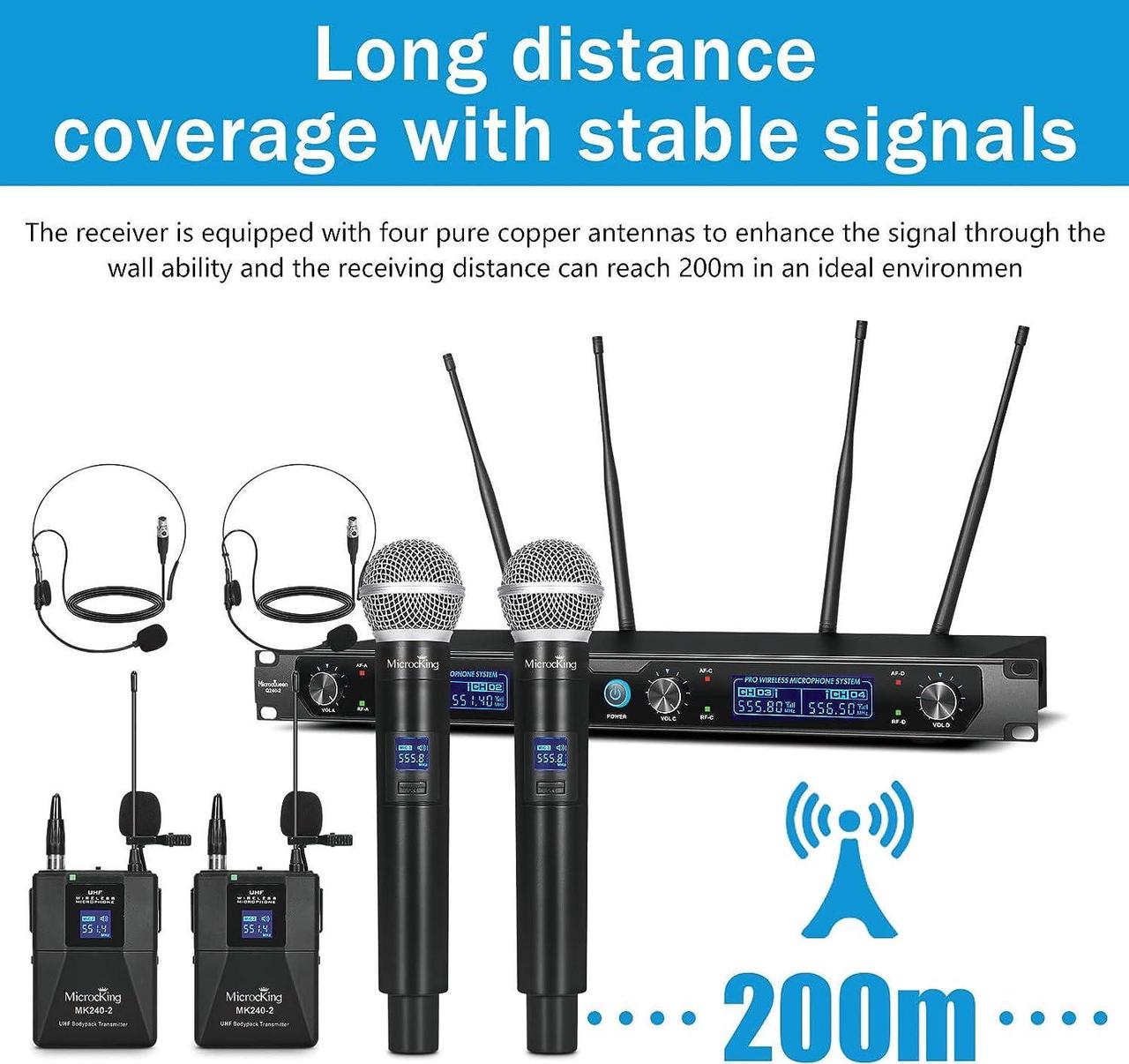 Alt view image 2 of 6 - MicrocKing Wireless Microphone System, UHF Cordless Mic Set with 2 Handheld Mics/2 Lavalier Bodypacks, Metal Build, Fixed Frequency, Long Range, Ideal for Karaoke/Party/Wedding/Concert