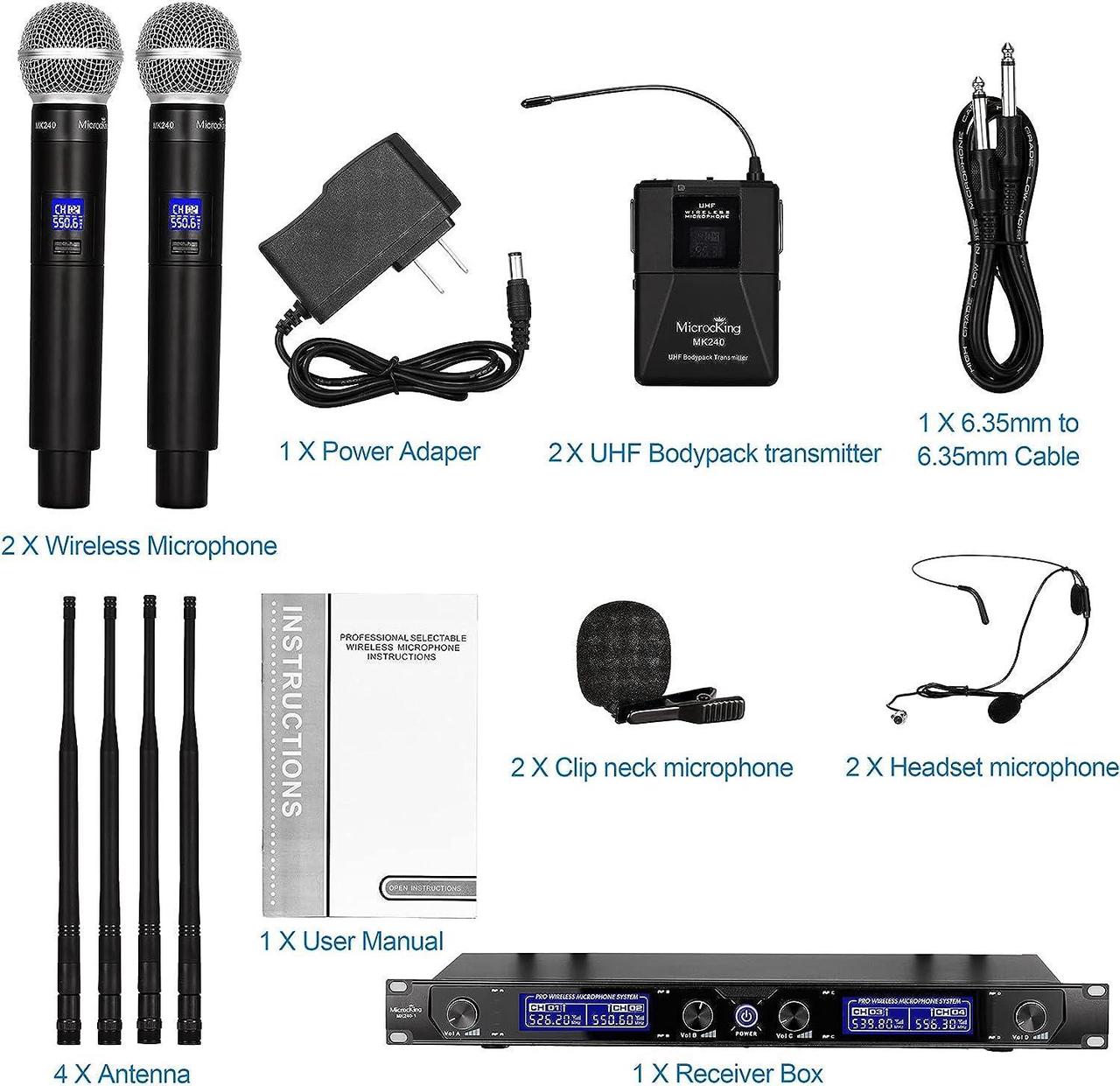 Alt view image 6 of 6 - MicrocKing Wireless Microphone System, UHF Cordless Mic Set with 2 Handheld Mics/2 Lavalier Bodypacks, Metal Build, Fixed Frequency, Long Range, Ideal for Karaoke/Party/Wedding/Concert