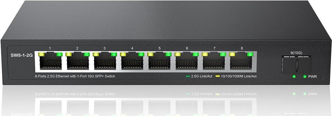Main image of Real HD 8 Port 2.5G Ethernet Switch Unmanaged Network Switch with 8 x 2.5 Gigabit | 1 x 10G SFP+ | Work with 10-100-1000Mbps Devices | 60G Bandwidth | Plug & Play | Fanless Quiet Metal Internet Switch