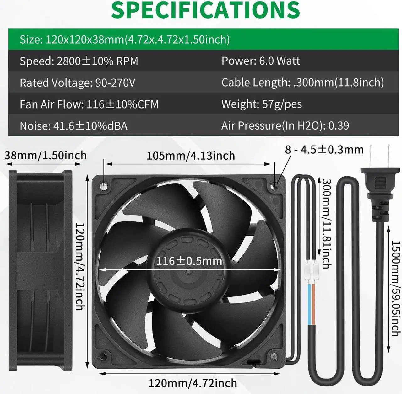 Alt view image 5 of 7 - EC 120mm x 38mm Axial Fan AC 110v 120v 220v 240v Ball Bearing High Airflow for Server Rack Industrial Case Exhaust Cooling