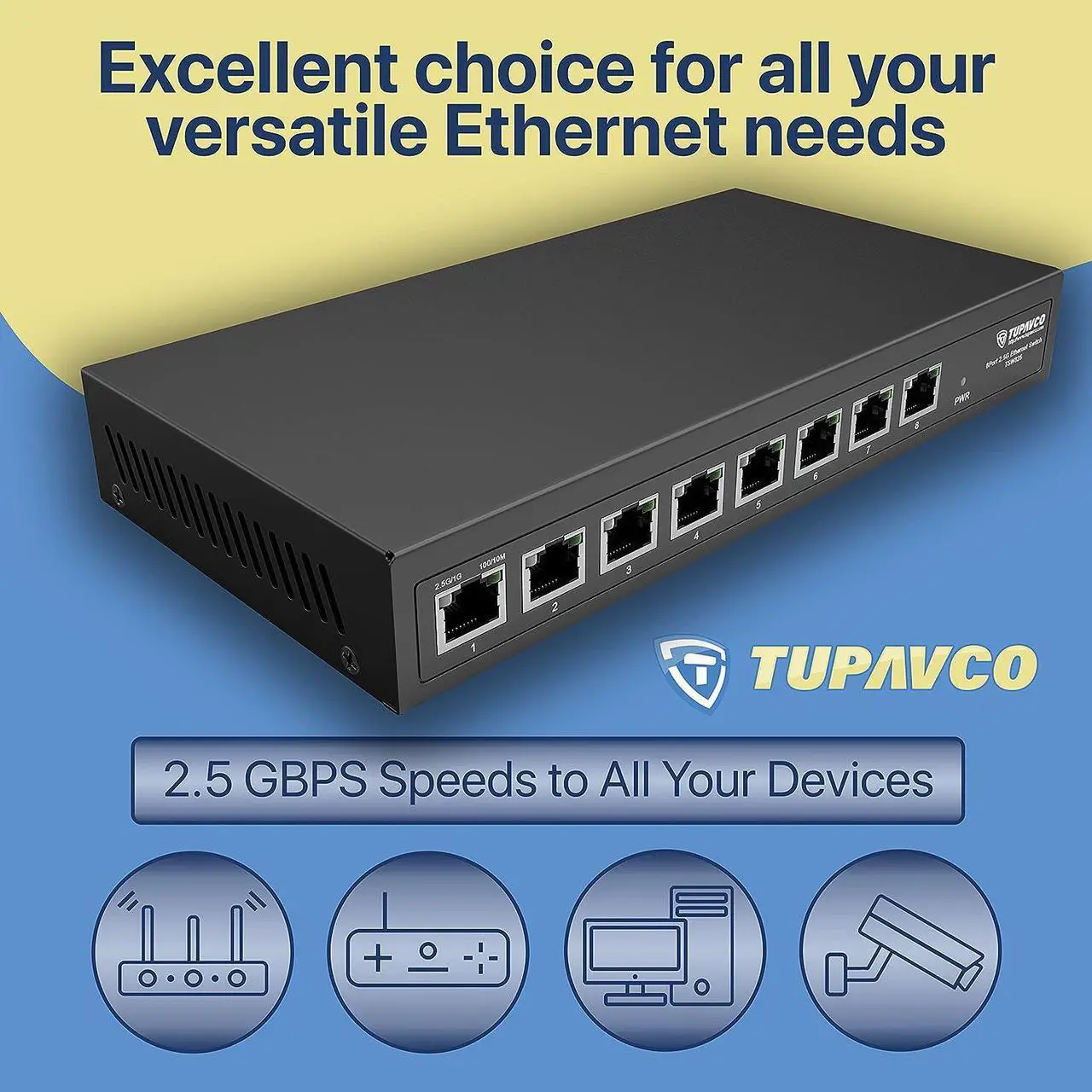 Alt view image 3 of 7 - 2.5GB Switch (8 Port) for Ethernet Network - High Speed 10M/100M/1G/2.5G Gigabit (802.3bz) - Unmanaged Plug & Play Fanless LAN Splitter - Metal Case - Wall Mountable - Tupavco TP1980