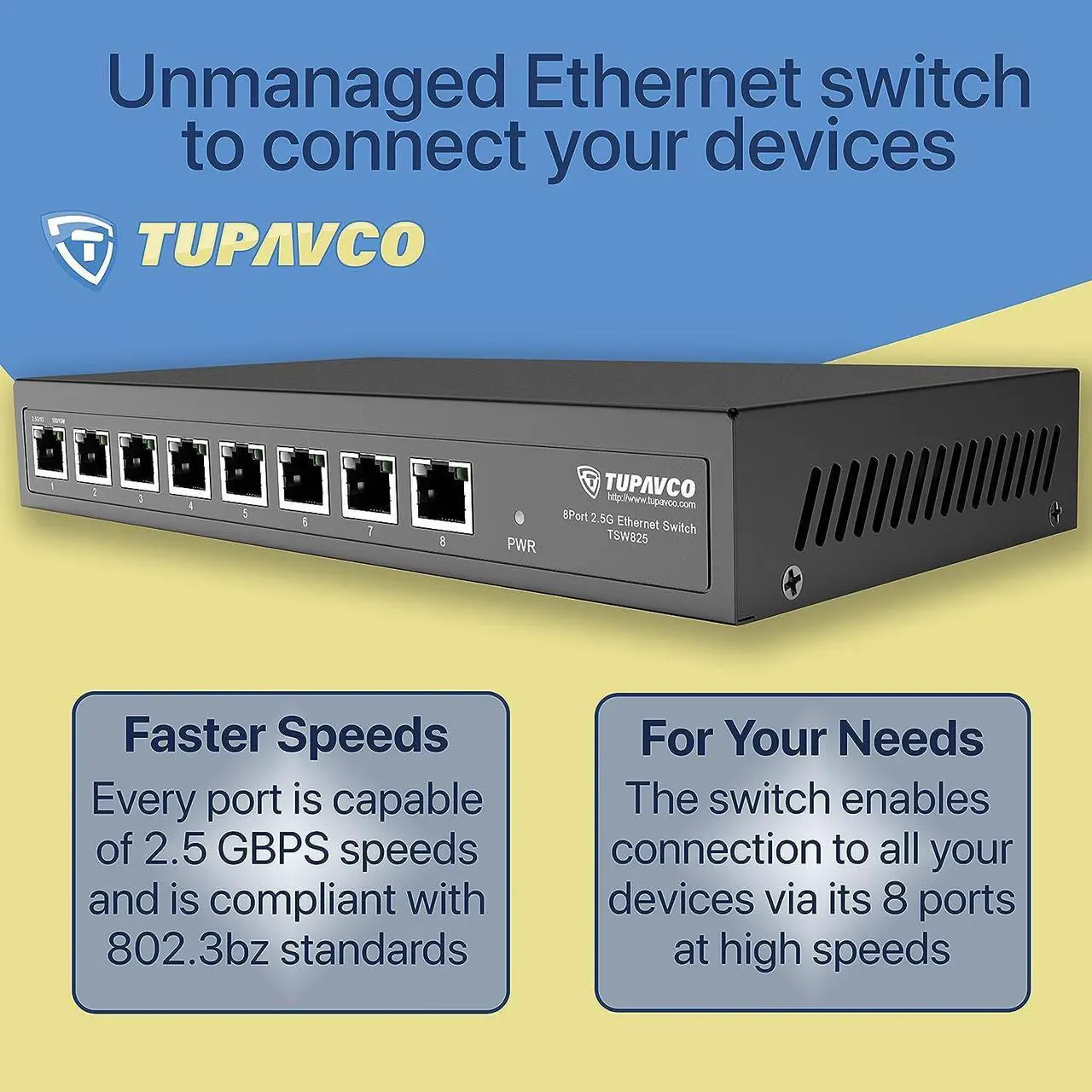 Alt view image 6 of 7 - 2.5GB Switch (8 Port) for Ethernet Network - High Speed 10M/100M/1G/2.5G Gigabit (802.3bz) - Unmanaged Plug & Play Fanless LAN Splitter - Metal Case - Wall Mountable - Tupavco TP1980