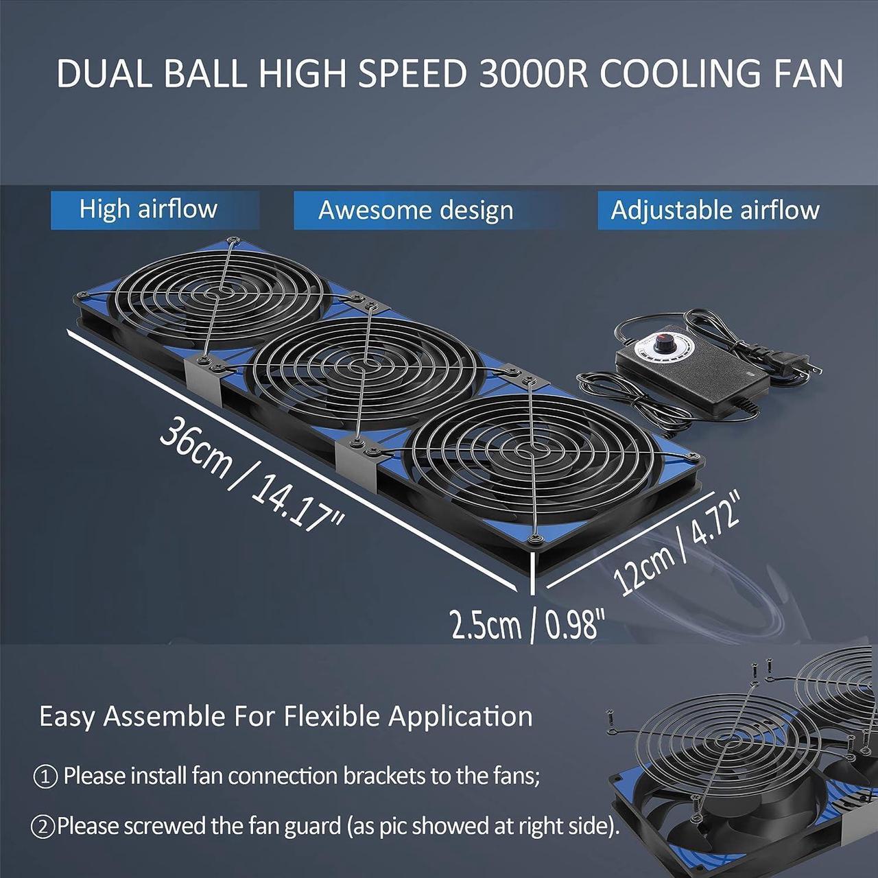 Alt view image 4 of 6 - 120mmx3 360mm Adjustable Computer PC Vent Fans 3-12V Speed Controller for Chicken Coop Rack Space Window Wall Cabinet Server Mining Rig Exhaust Cooling, Welcome to consult