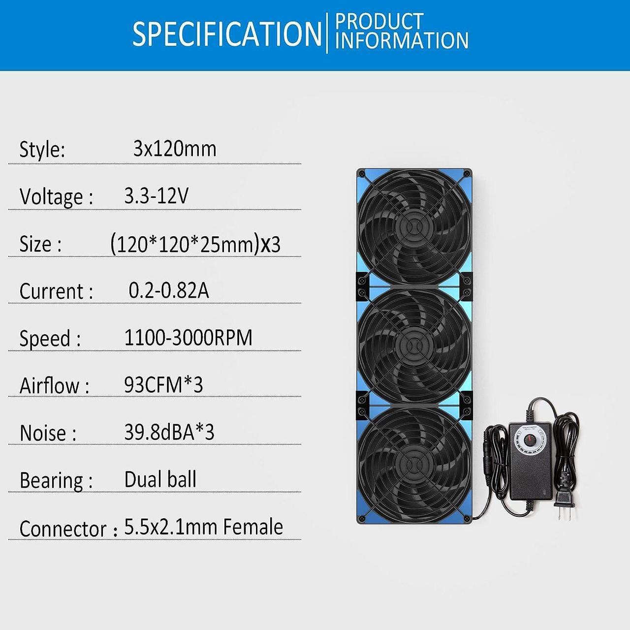 Alt view image 6 of 6 - 120mmx3 360mm Adjustable Computer PC Vent Fans 3-12V Speed Controller for Chicken Coop Rack Space Window Wall Cabinet Server Mining Rig Exhaust Cooling, Welcome to consult