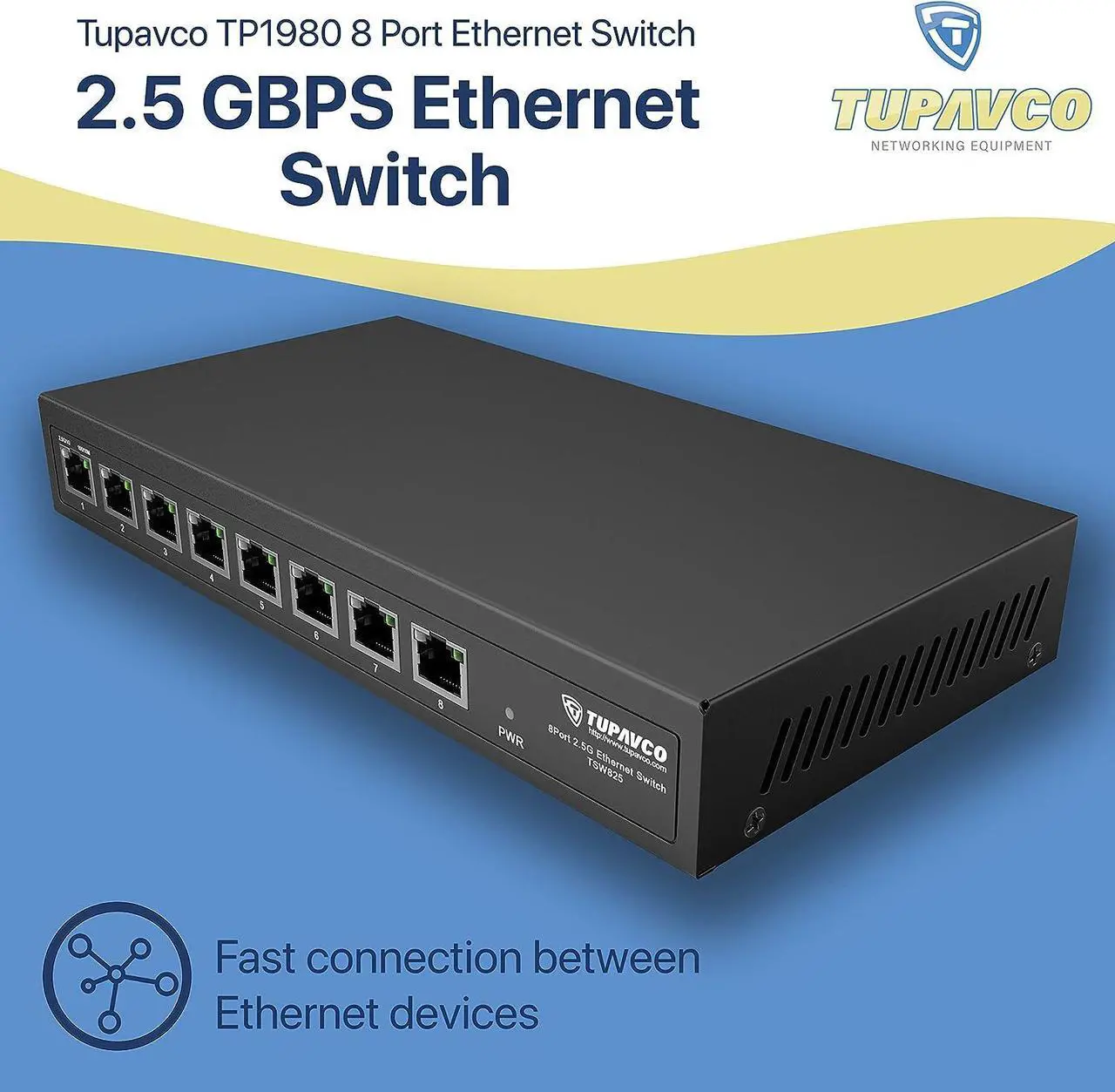Alt view image 2 of 7 - 2.5GB Switch (8 Port) for Ethernet Network - High Speed 10M/100M/1G/2.5G Gigabit (802.3bz) - Unmanaged Plug & Play Fanless LAN Splitter - Metal Case - Wall Mountable - Tupavco TP1980