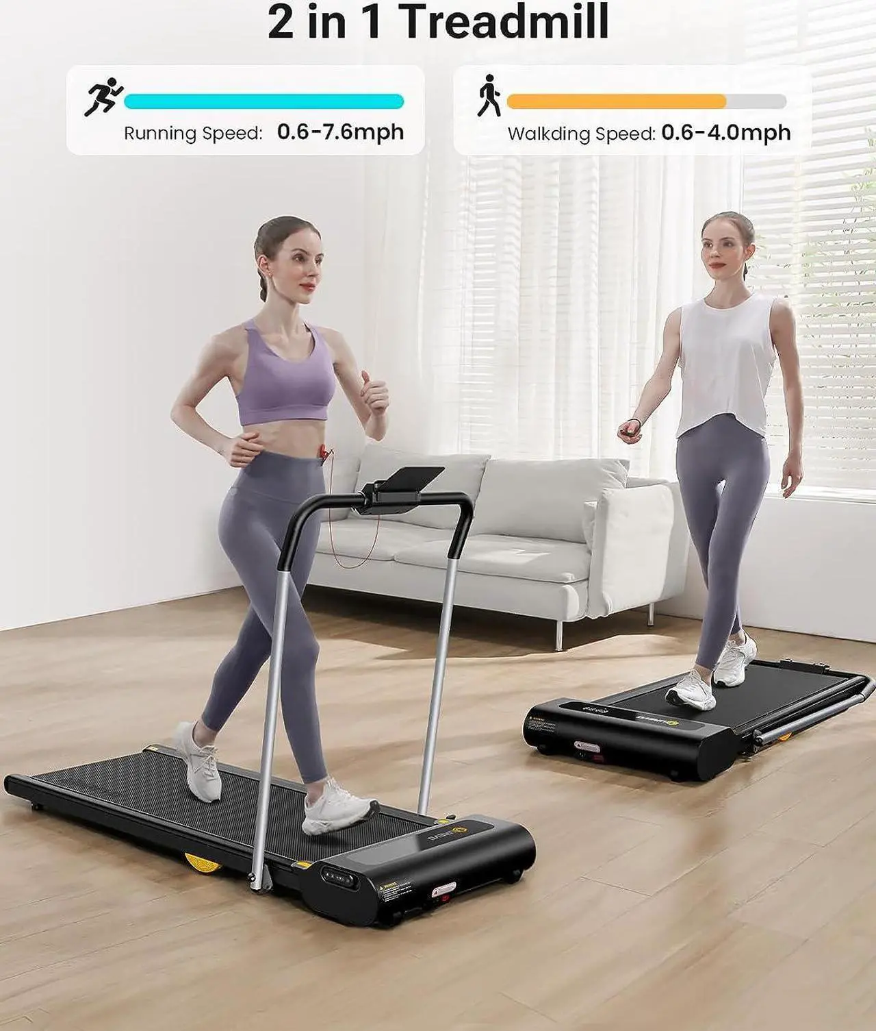 Alt view image 4 of 7 - UREVO Under Desk Treadmill, Walking Pad, 0.6-7.6 Mph 2 in 1 Folding Treadmill with Smart Rotary Console,Including 3 HIIT Modes, 2.5 HP Treadmills for Home Office