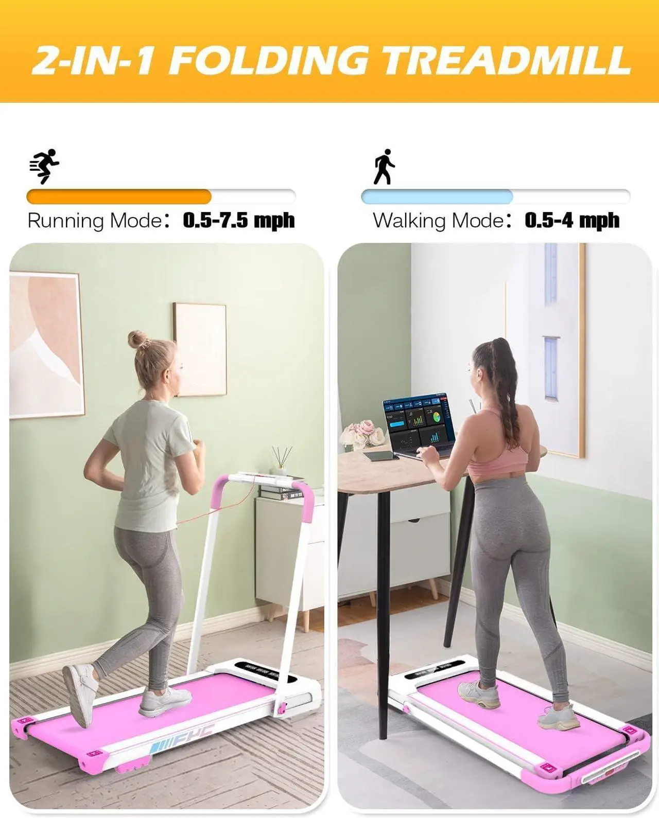 Alt view image 2 of 6 - FYC Under Desk Treadmill for Home 2-in-1 Folding Treadmill 3.5HP Compact Exercise Workout Electric Foldable Running Machine Portable Treadmill for Running Walking, Installation-Free, Pink