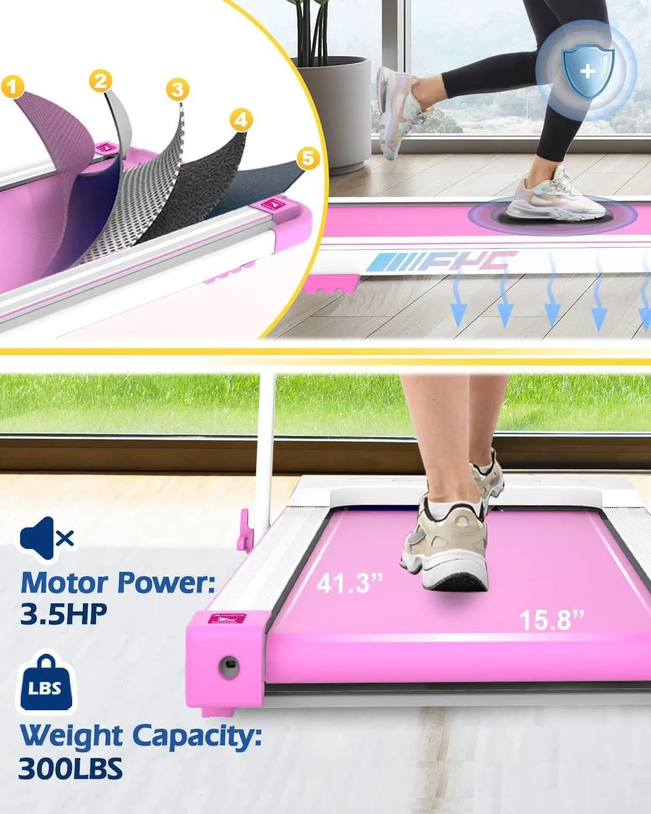 Alt view image 4 of 6 - FYC Under Desk Treadmill for Home 2-in-1 Folding Treadmill 3.5HP Compact Exercise Workout Electric Foldable Running Machine Portable Treadmill for Running Walking, Installation-Free, Pink