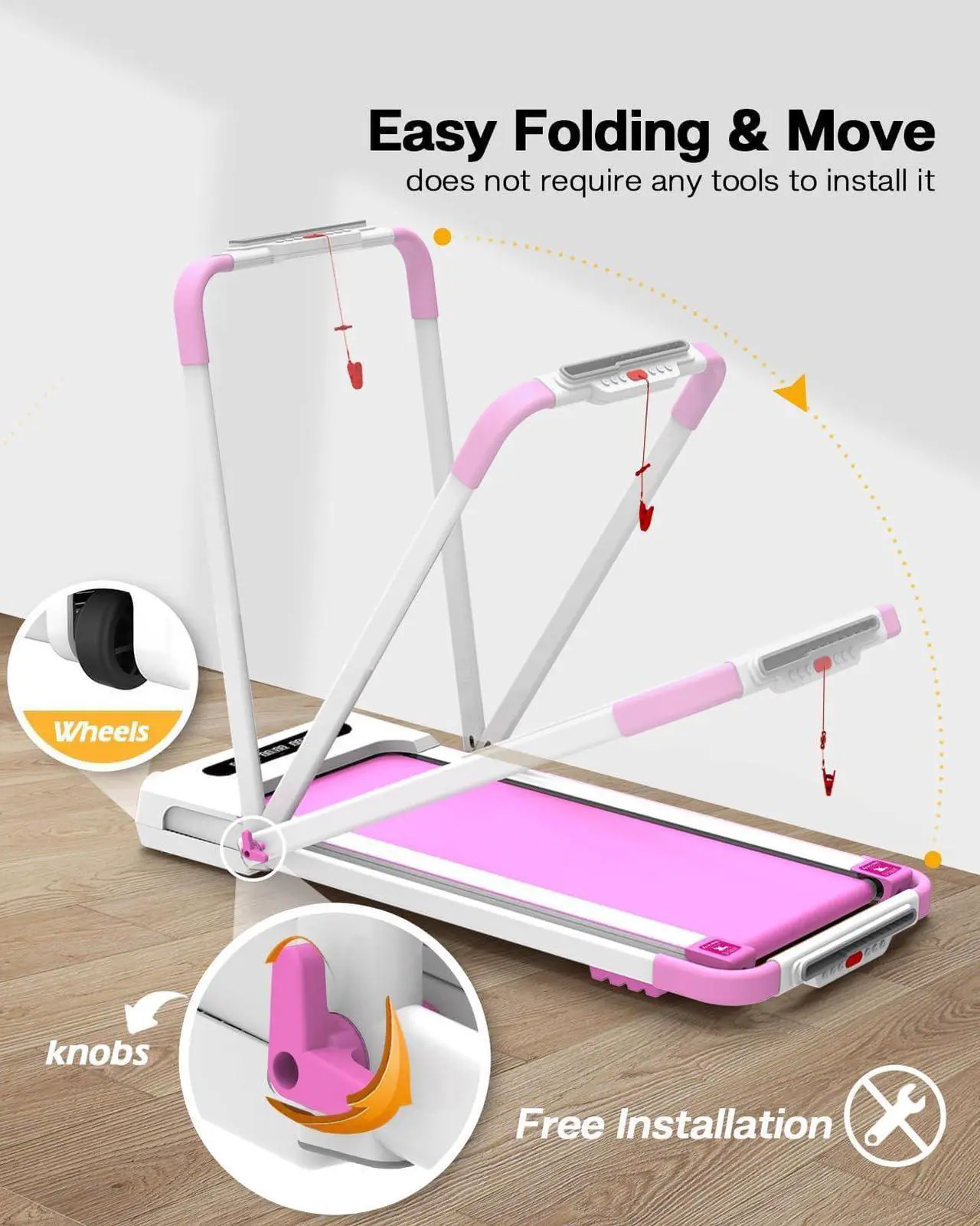 Alt view image 5 of 6 - FYC Under Desk Treadmill for Home 2-in-1 Folding Treadmill 3.5HP Compact Exercise Workout Electric Foldable Running Machine Portable Treadmill for Running Walking, Installation-Free, Pink