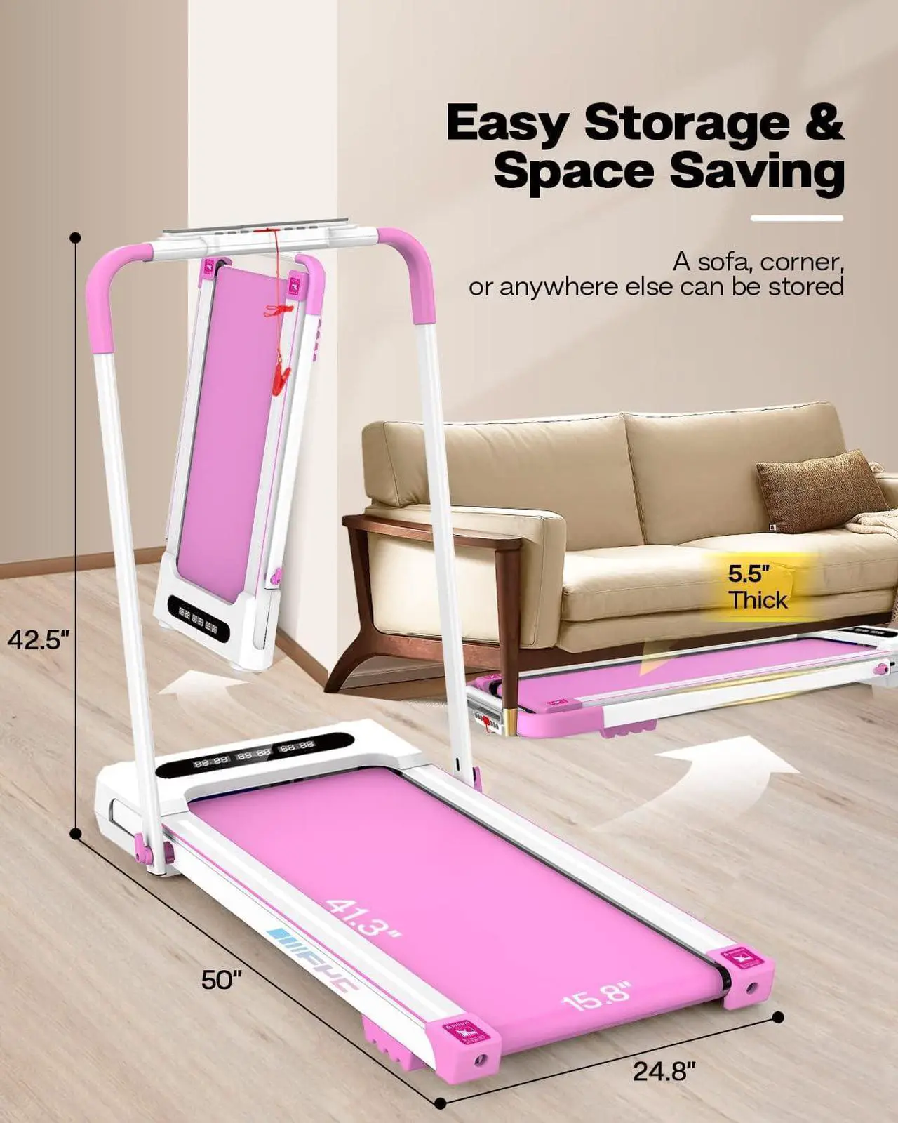 Alt view image 6 of 6 - FYC Under Desk Treadmill for Home 2-in-1 Folding Treadmill 3.5HP Compact Exercise Workout Electric Foldable Running Machine Portable Treadmill for Running Walking, Installation-Free, Pink