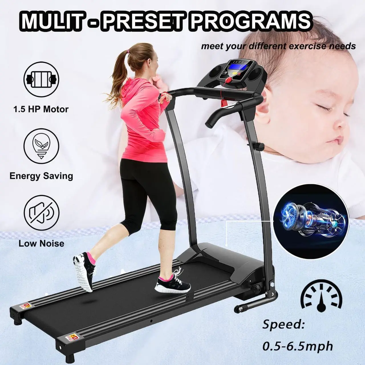 Alt view image 3 of 6 - FYC Foldable Treadmills for Home, Compact Treadmill for Small Spaces, Electric Folding Lightweight Running Machine Fitness Walking Jogging Exercise for Home Office Apartment